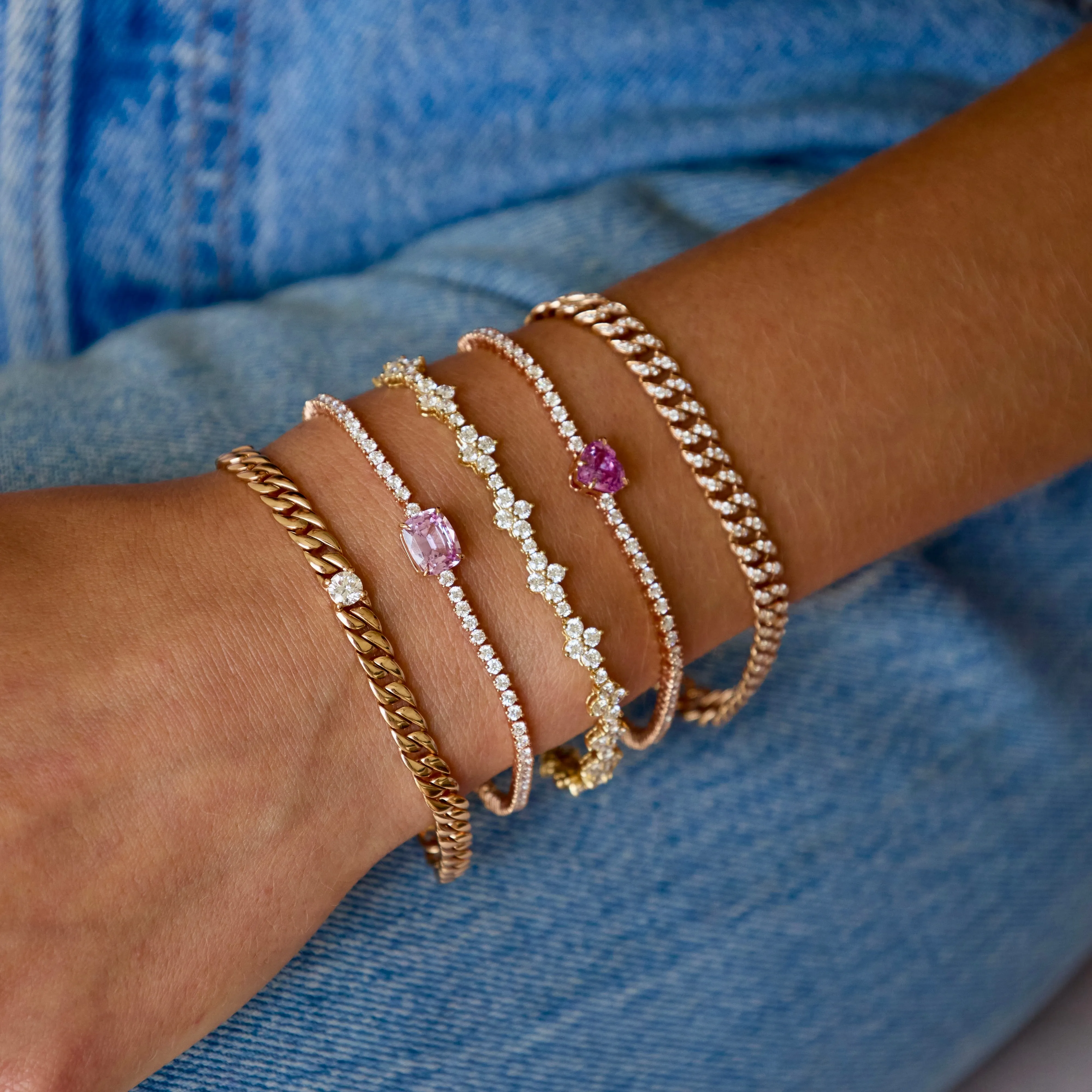 DIAMOND HEPBURN BRACELET WITH PINK SAPPHIRE CUSHION CENTER Anita Ko