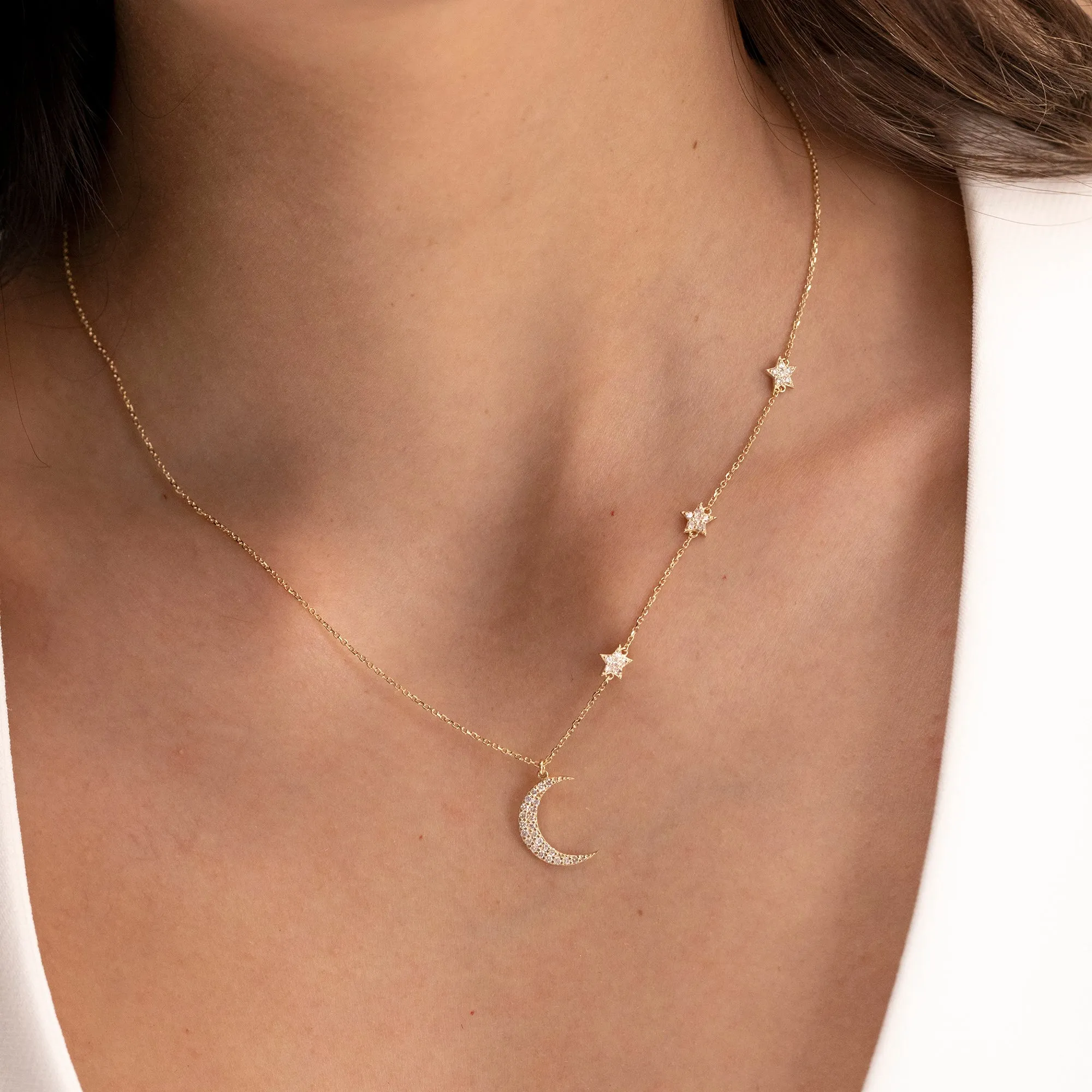 Diamond Moon and Side Stars Necklace, Astrid SARAHELISE
