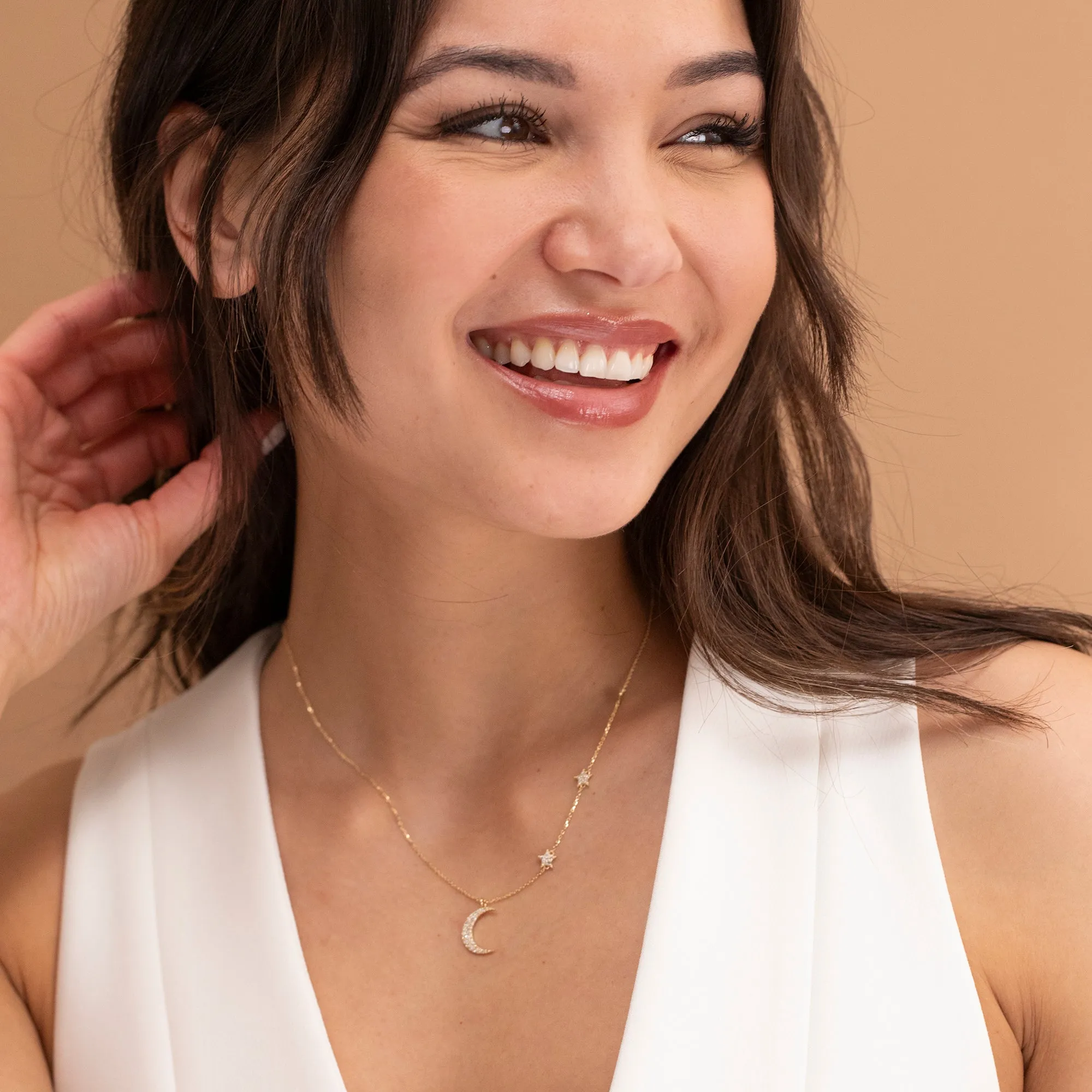 Diamond Moon and Side Stars Necklace, Astrid SARAHELISE