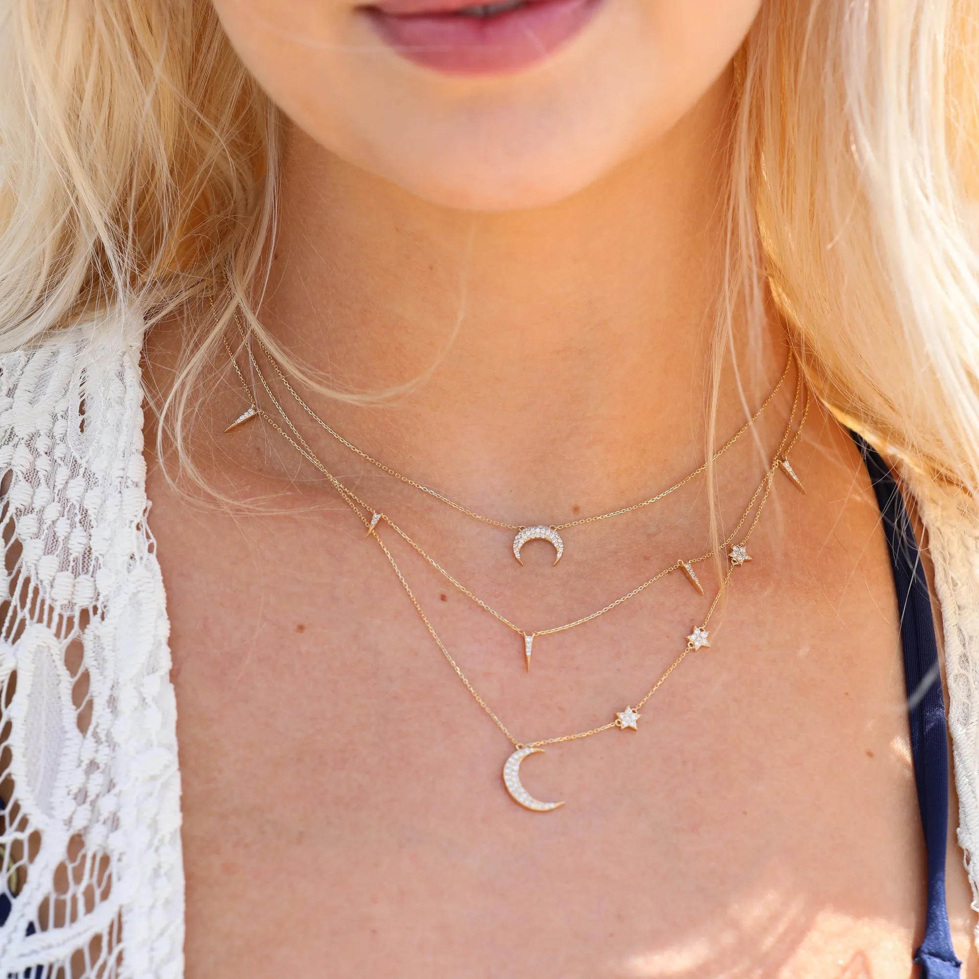 Diamond Moon and Side Stars Necklace, Astrid SARAHELISE