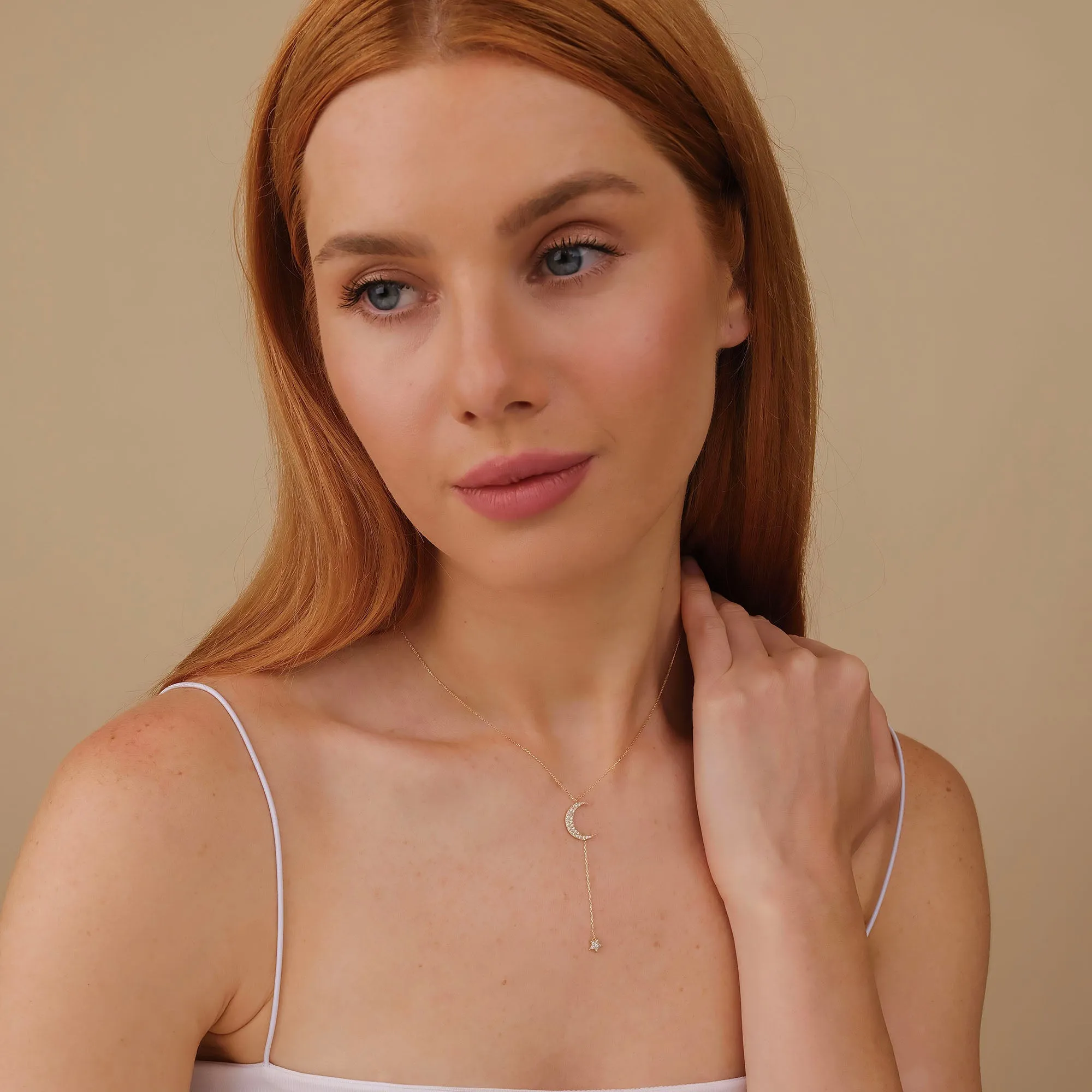 Diamond Moon and Star Lariat Necklace, Astrid SARAHELISE