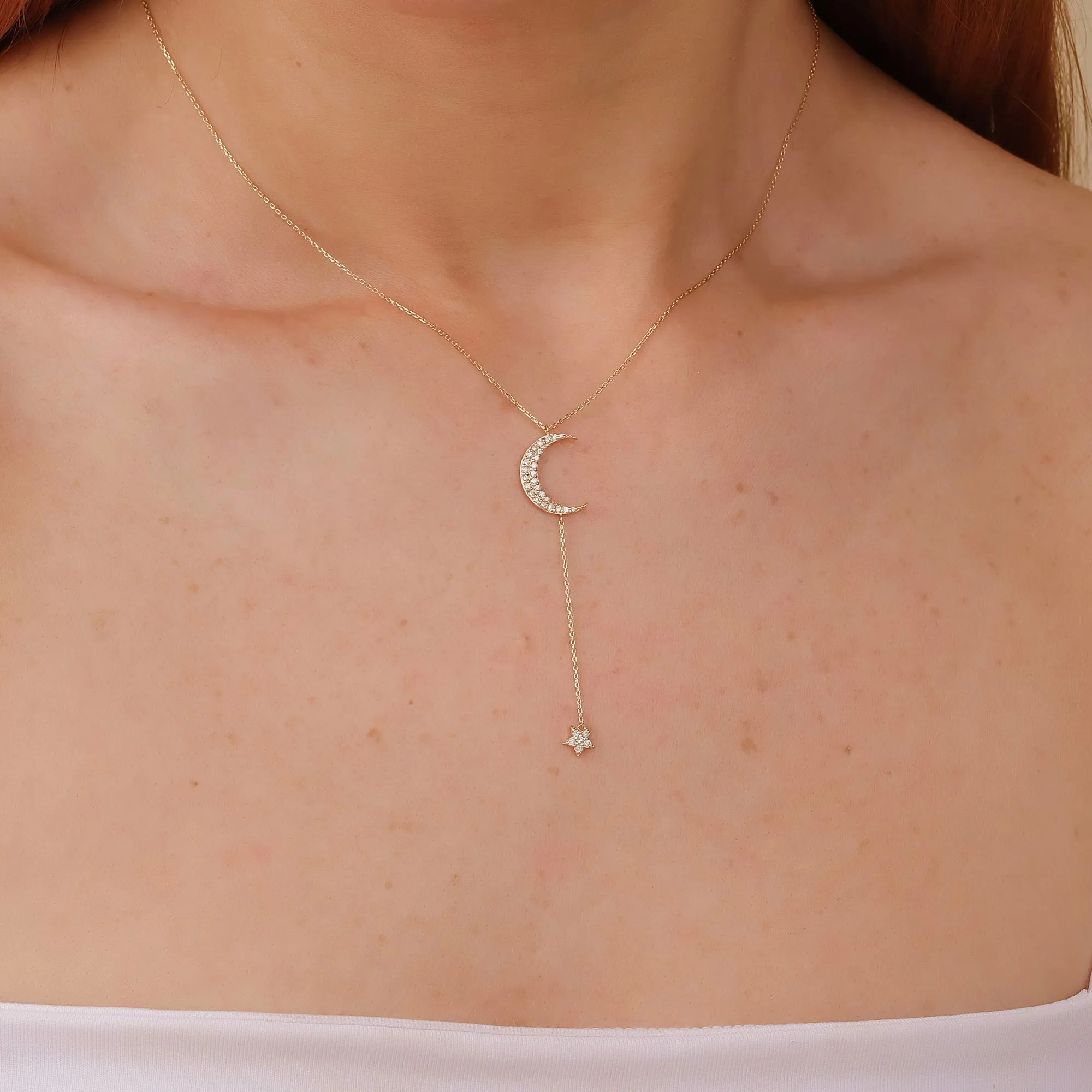 Diamond Moon and Star Lariat Necklace, Astrid SARAHELISE