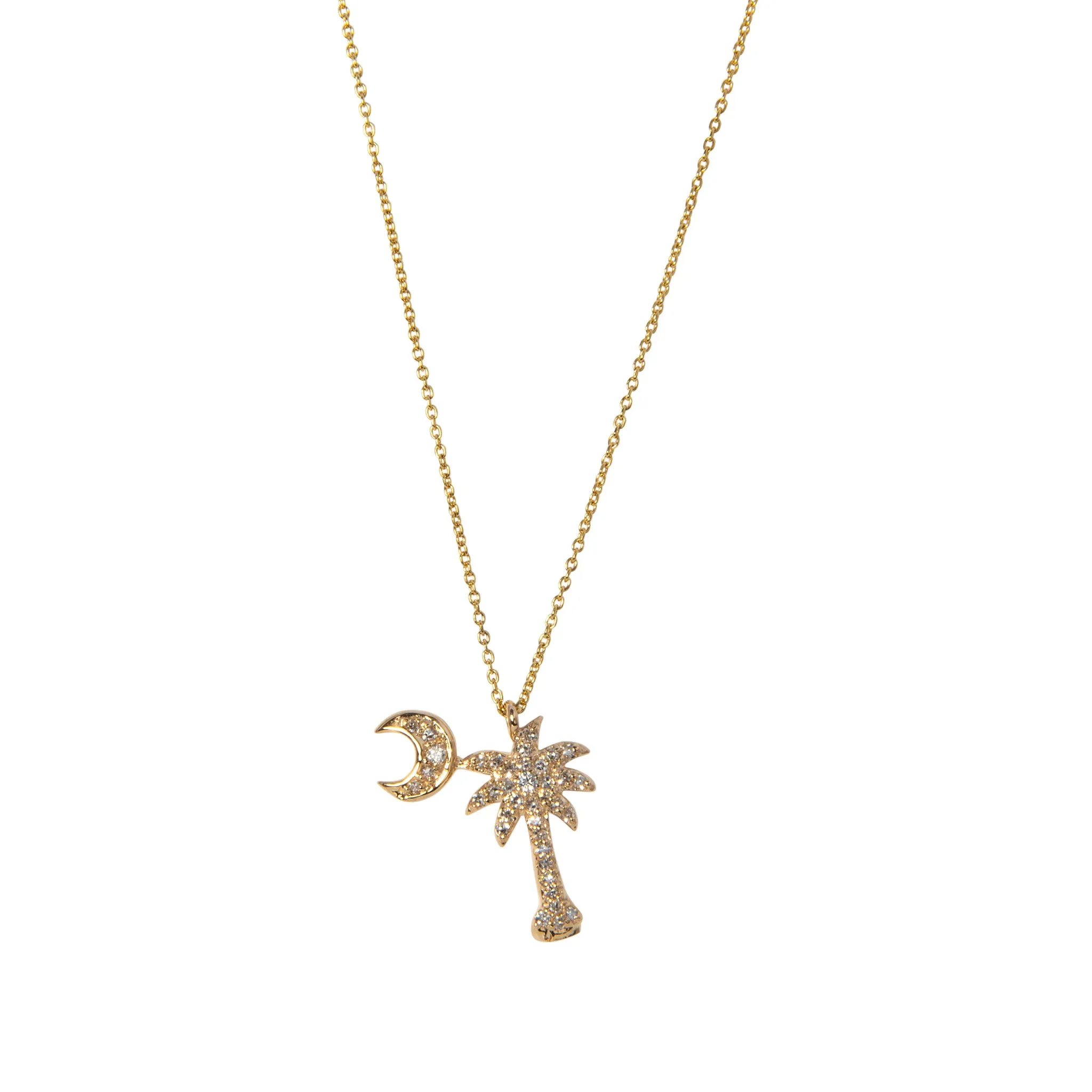 Diamond Palmetto Tree & Crescent 14K Yellow Gold Pendant Necklace Croghans