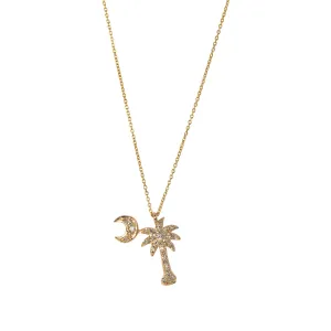 Diamond Palmetto Tree & Crescent 14K Yellow Gold Pendant Necklace Croghans