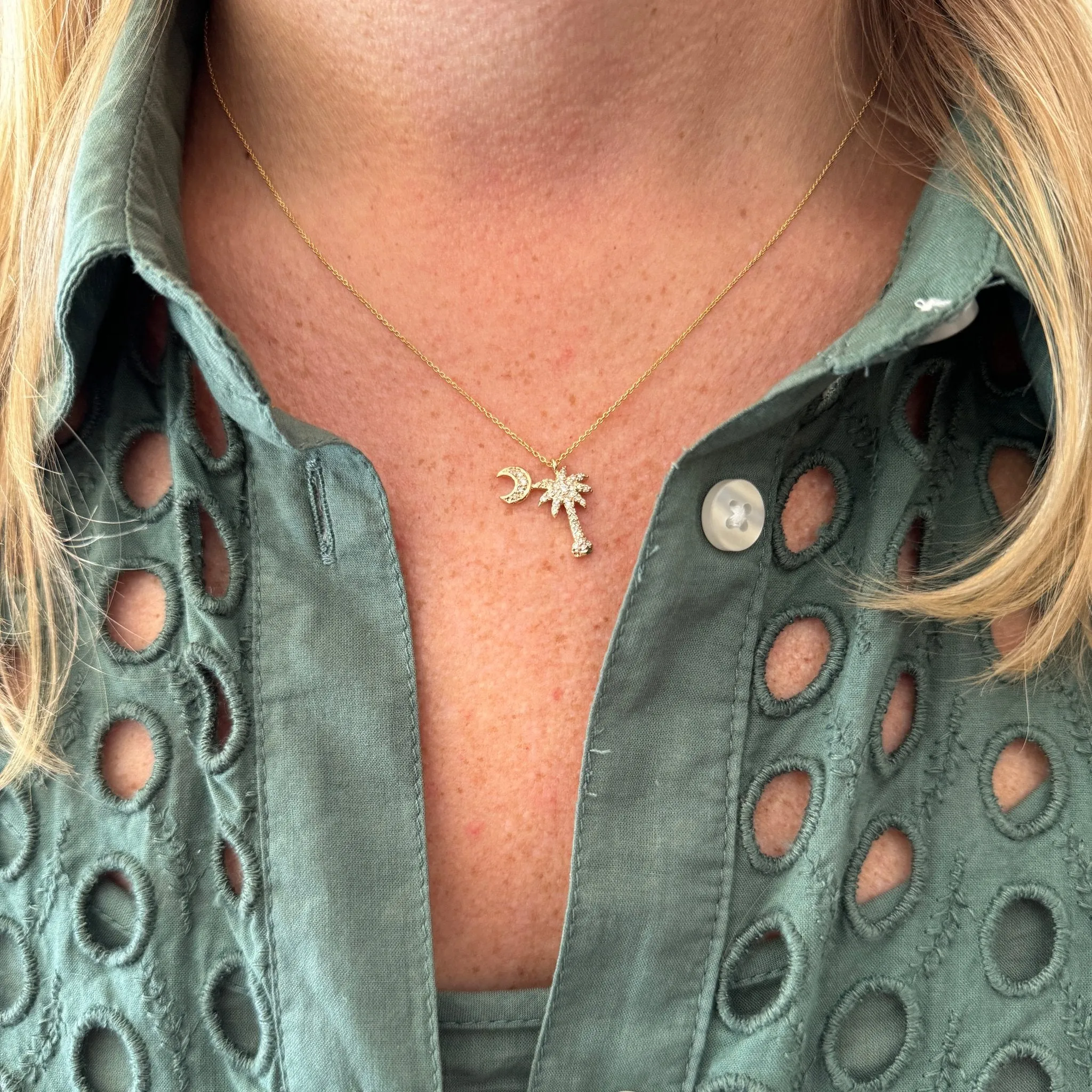 Diamond Palmetto Tree & Crescent 14K Yellow Gold Pendant Necklace Croghans
