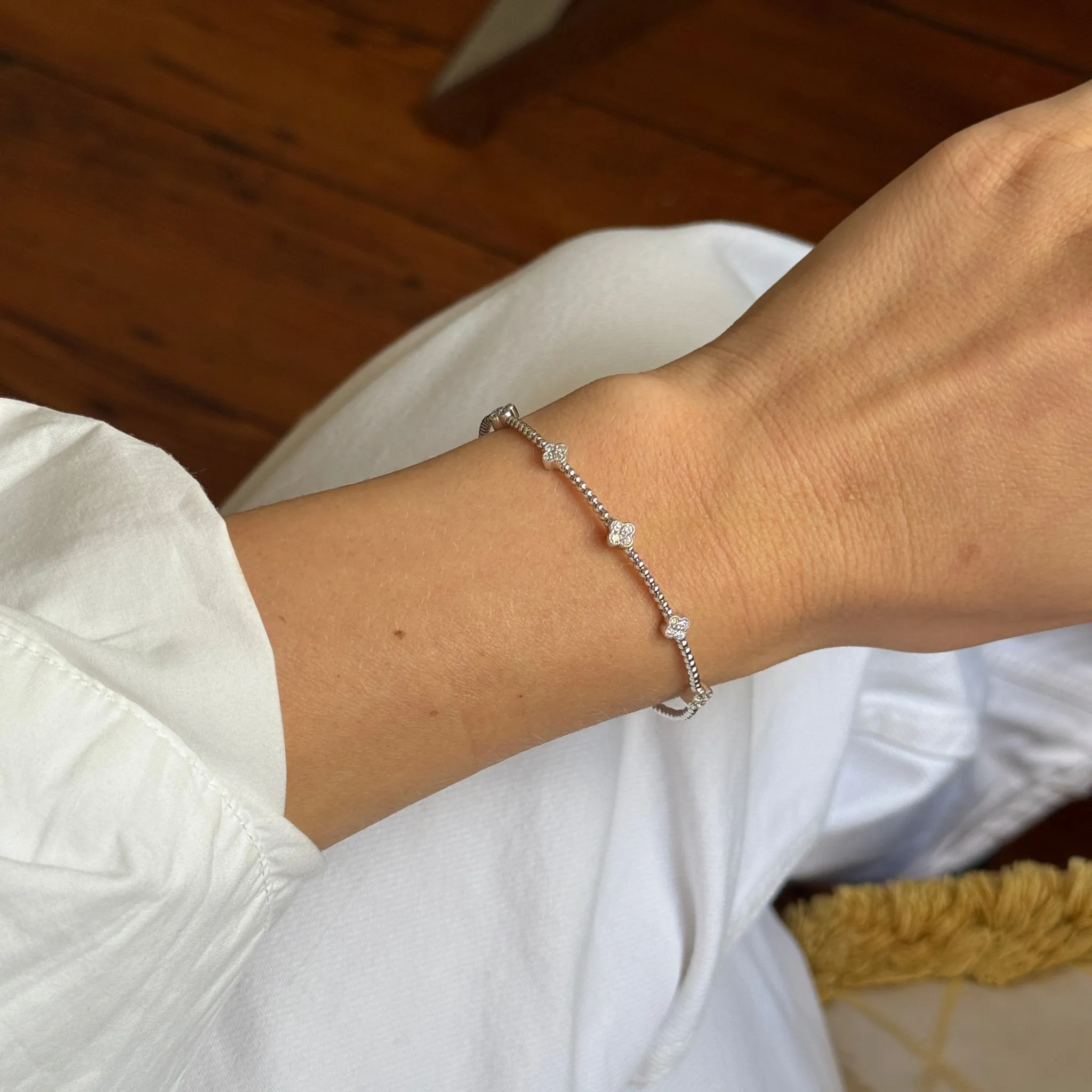 Diamond Quad 5-Station 14K White Gold Beaded Flexible Bangle