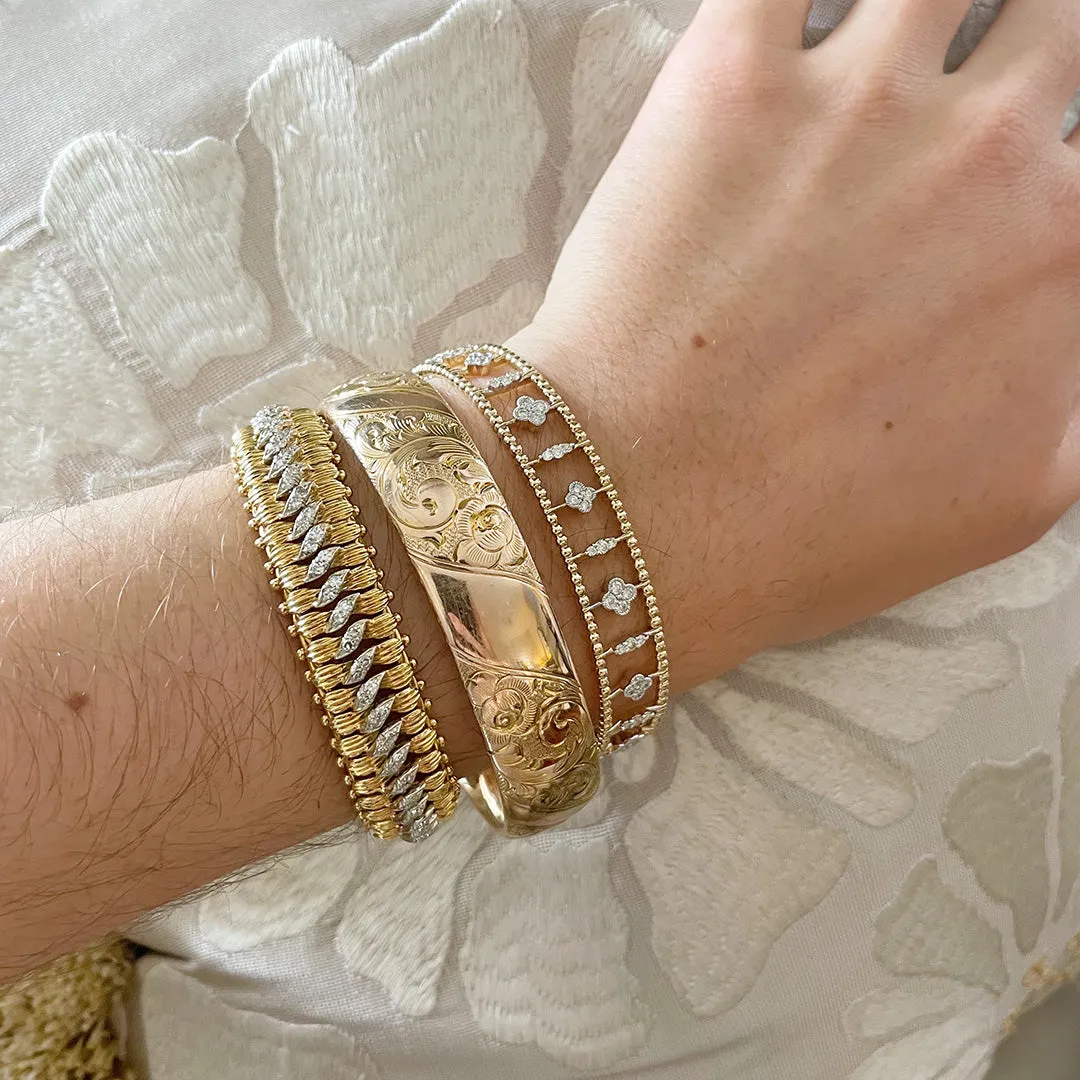 Diamond Quatrefoil 14K Yellow Gold Beaded Cuff Bangle