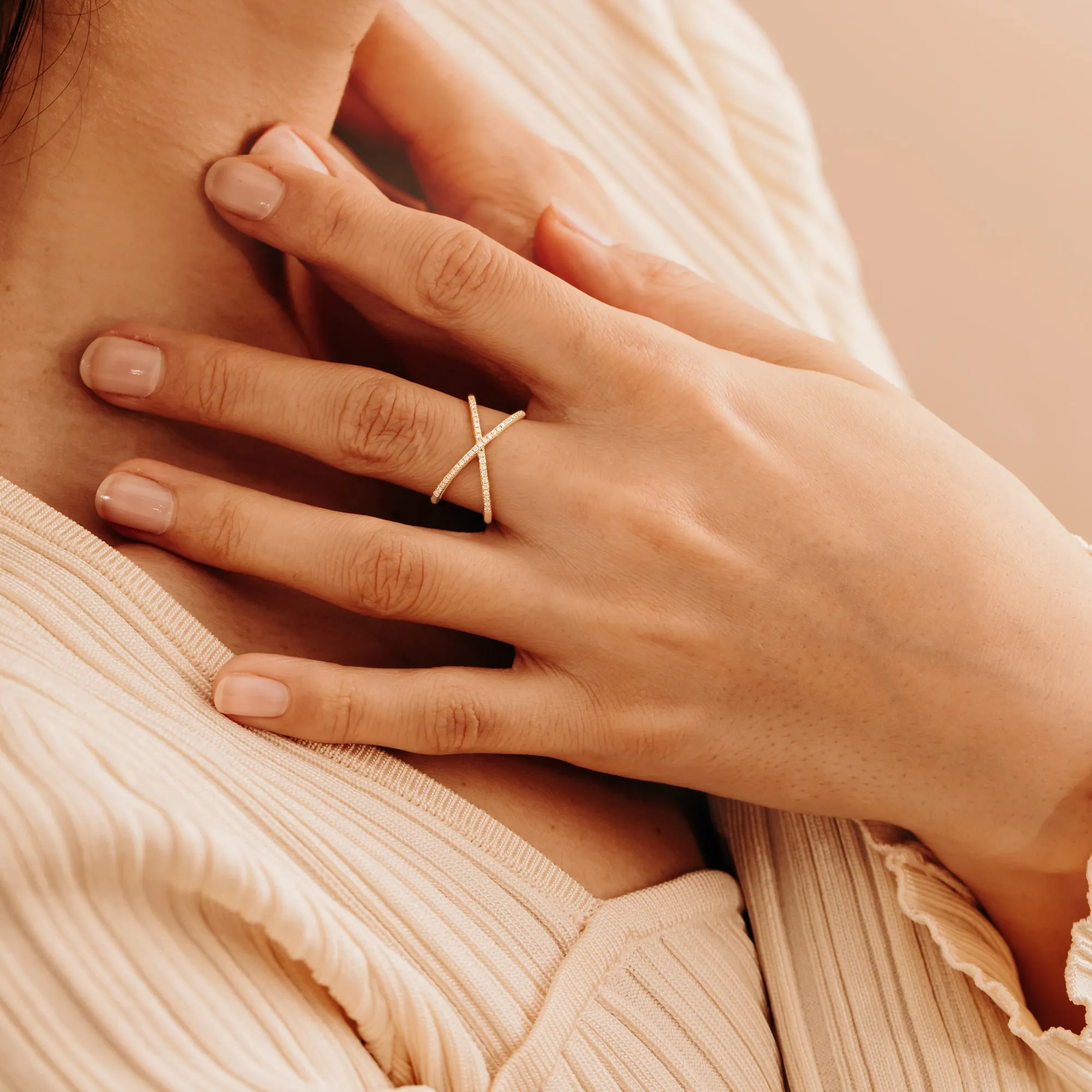Diamond X Ring In Solid Gold, Adelyn SARAHELISE