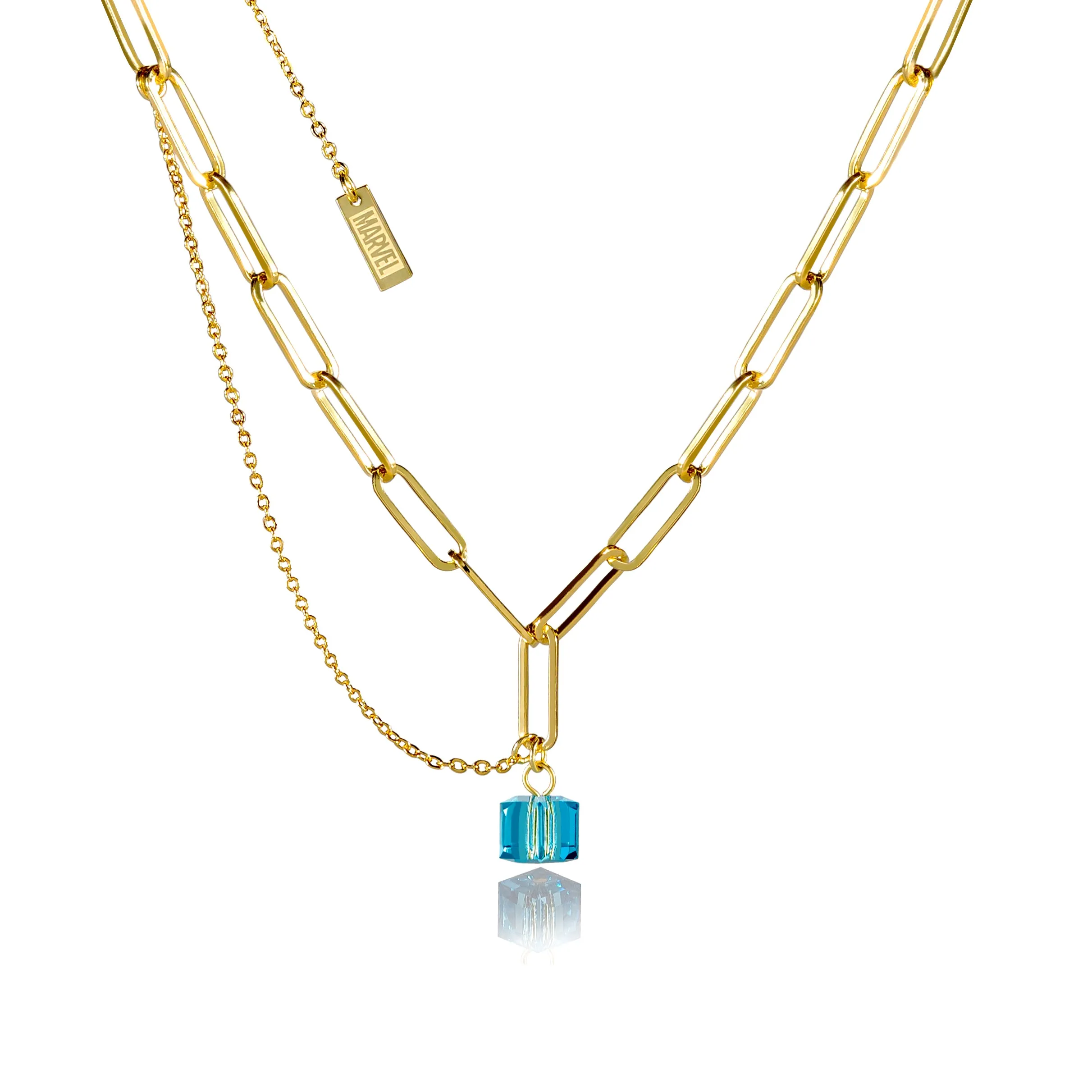 Disney Stainless Steel 14ct Gold Plated Tesseract Blue Crystal Pendant On 45cm Chain Shiels