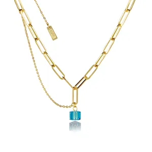 Disney Stainless Steel 14ct Gold Plated Tesseract Blue Crystal Pendant On 45cm Chain Shiels