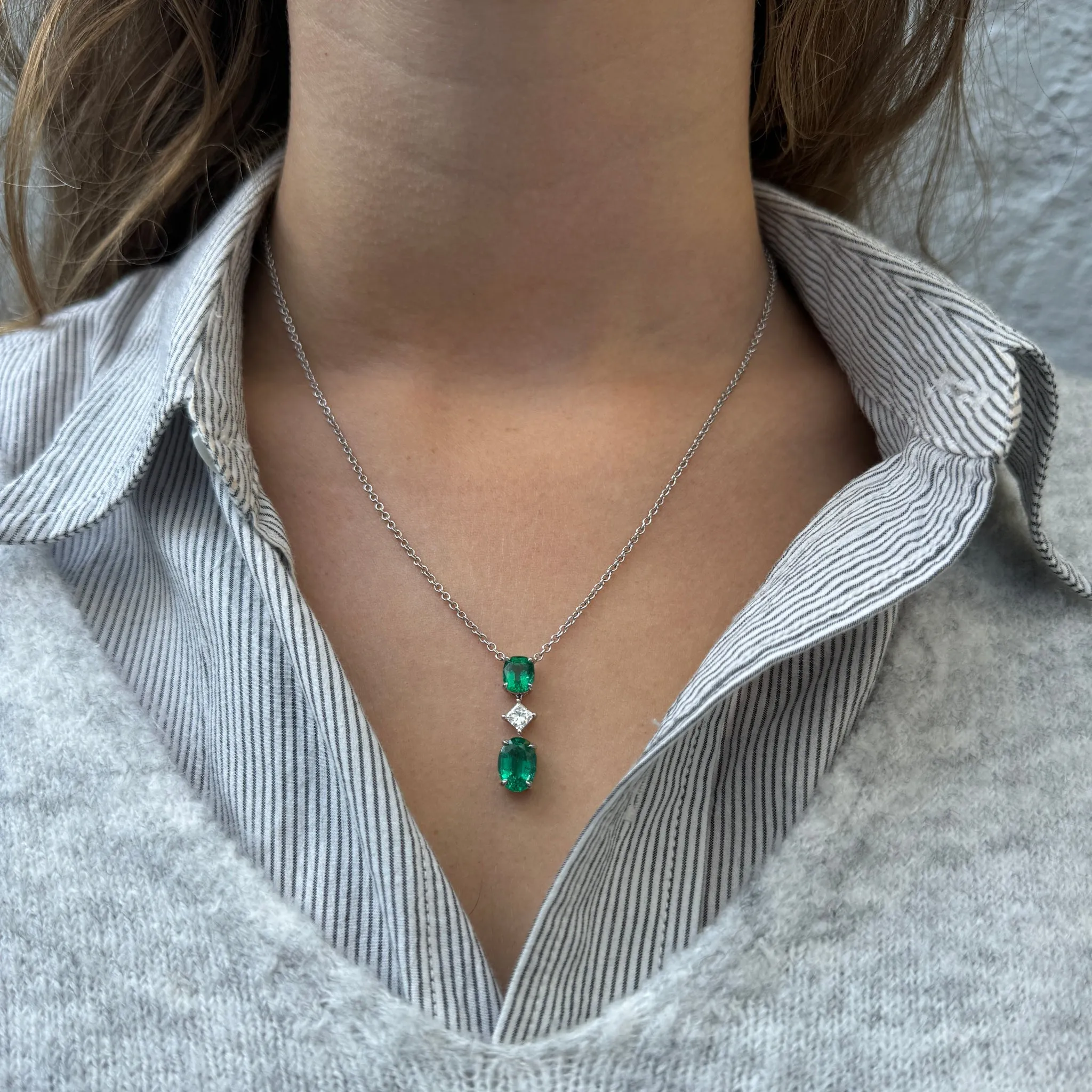 Emerald & Diamond Three-Stone 18K Gold Necklace Croghans