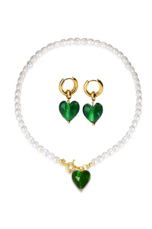 Esme Glaze Heart Pendant Pearl Necklace and Earrings Set