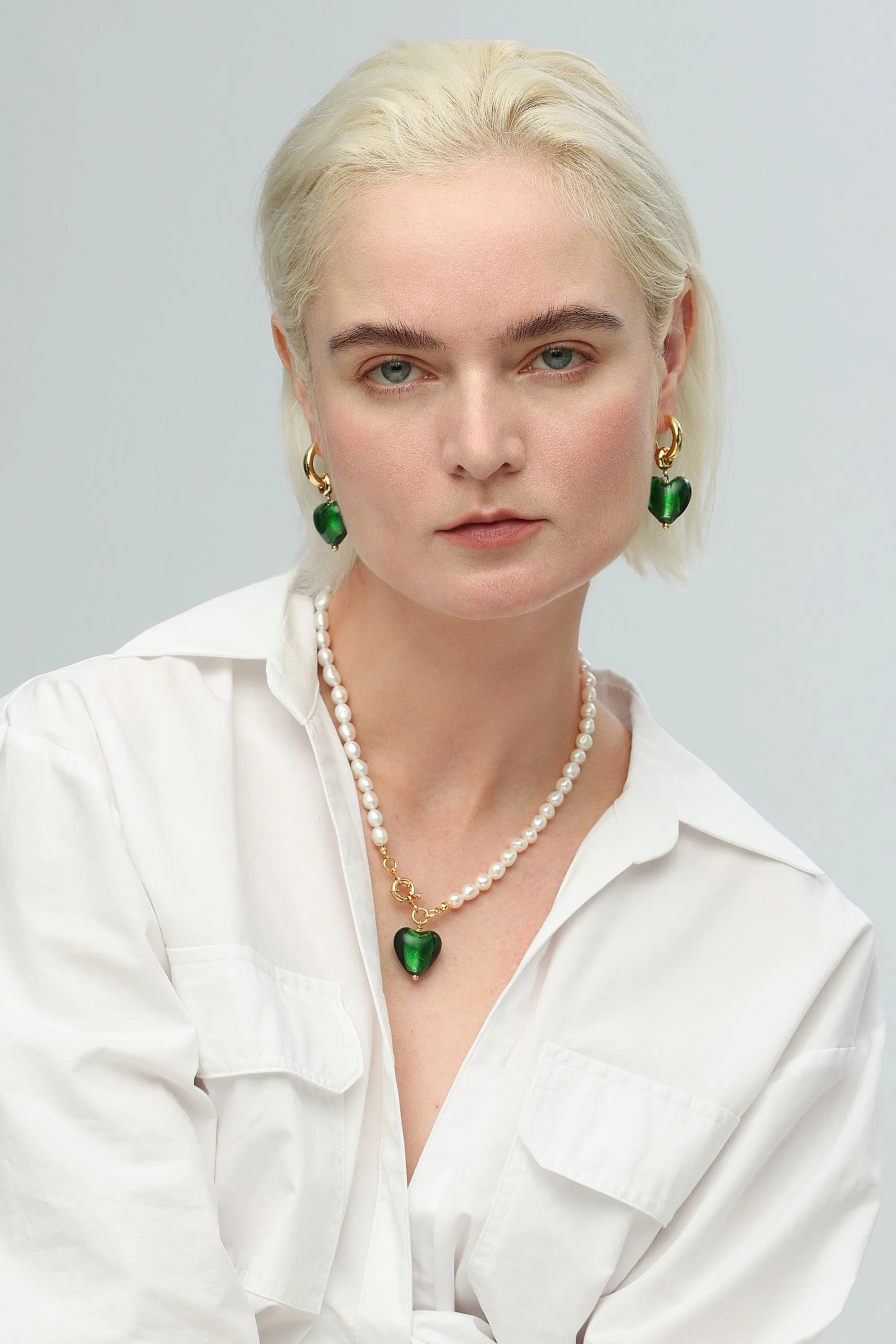 Esme Glaze Heart Pendant Pearl Necklace and Earrings Set
