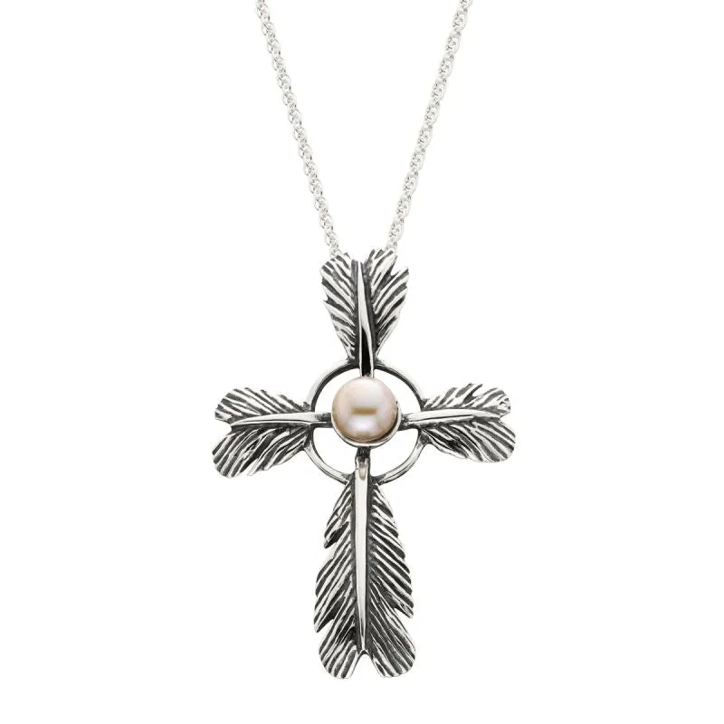 Grainger McKoy Wide Feather Cross Pearl Pendant Necklace Croghans