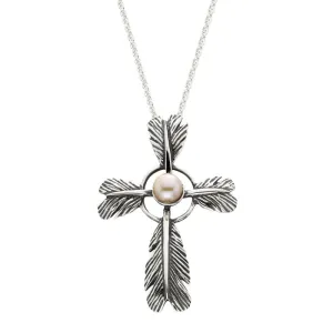 Grainger McKoy Wide Feather Cross Pearl Pendant Necklace Croghans