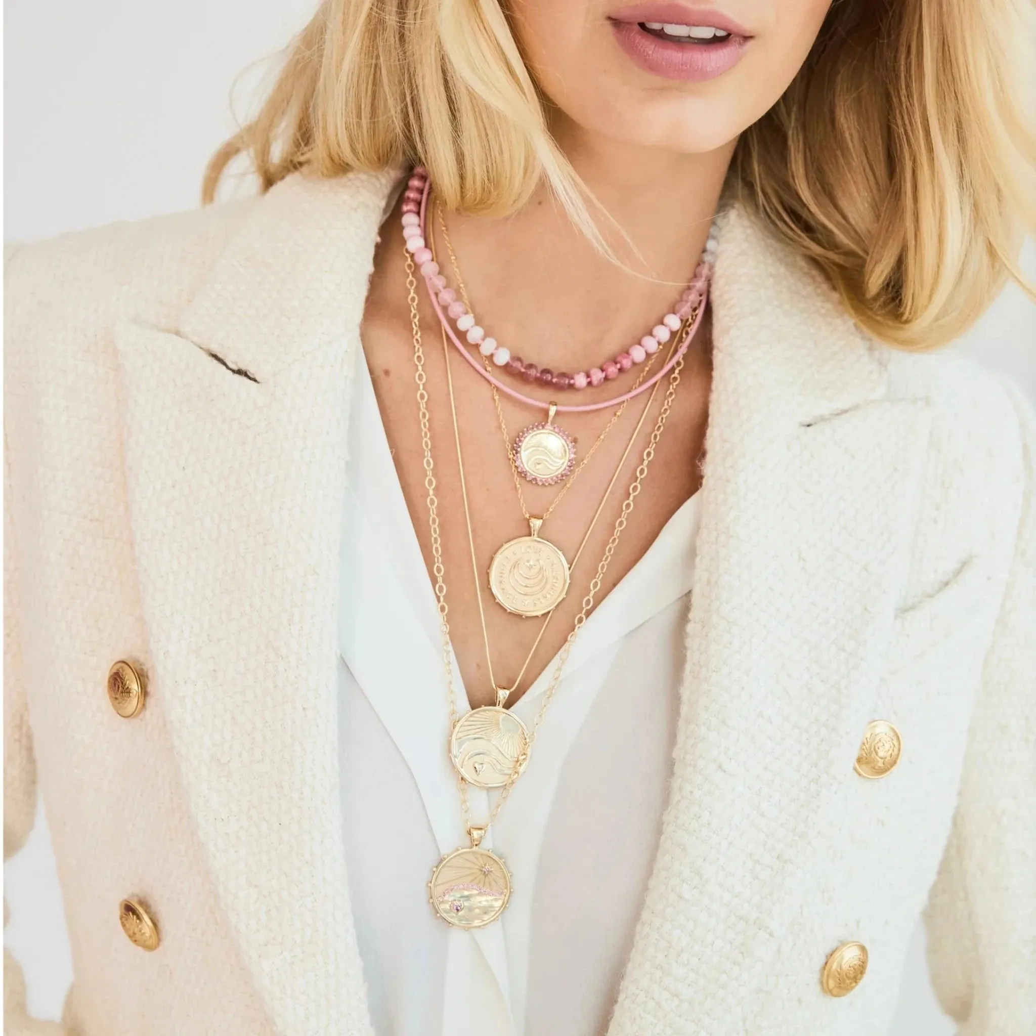 Jane Win Pink Ombre Carved Stone Beaded Necklace Croghans