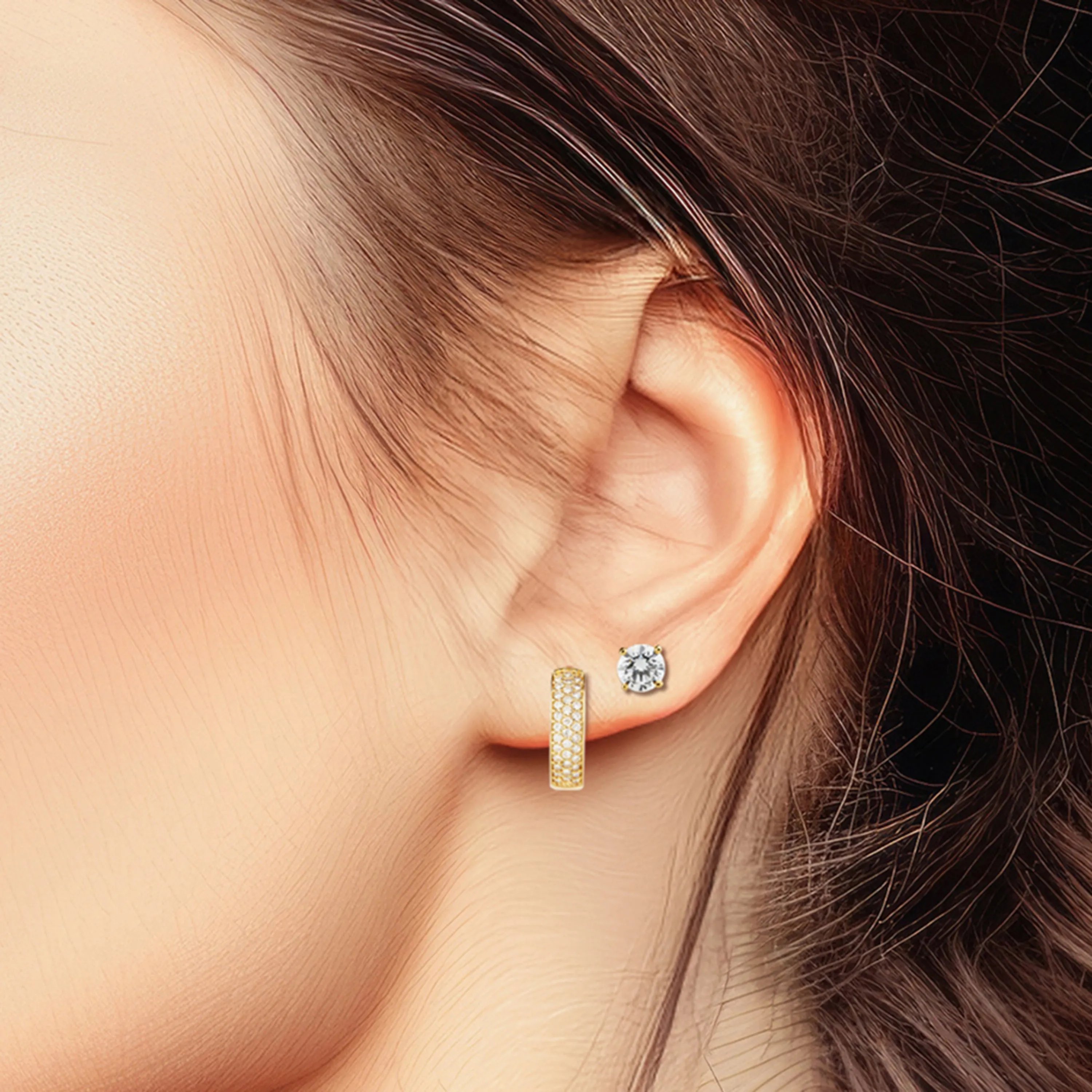 Lab Grown Diamond Pav Huggie Hoops & 1.5ct Solitaire Stud Earrings Set