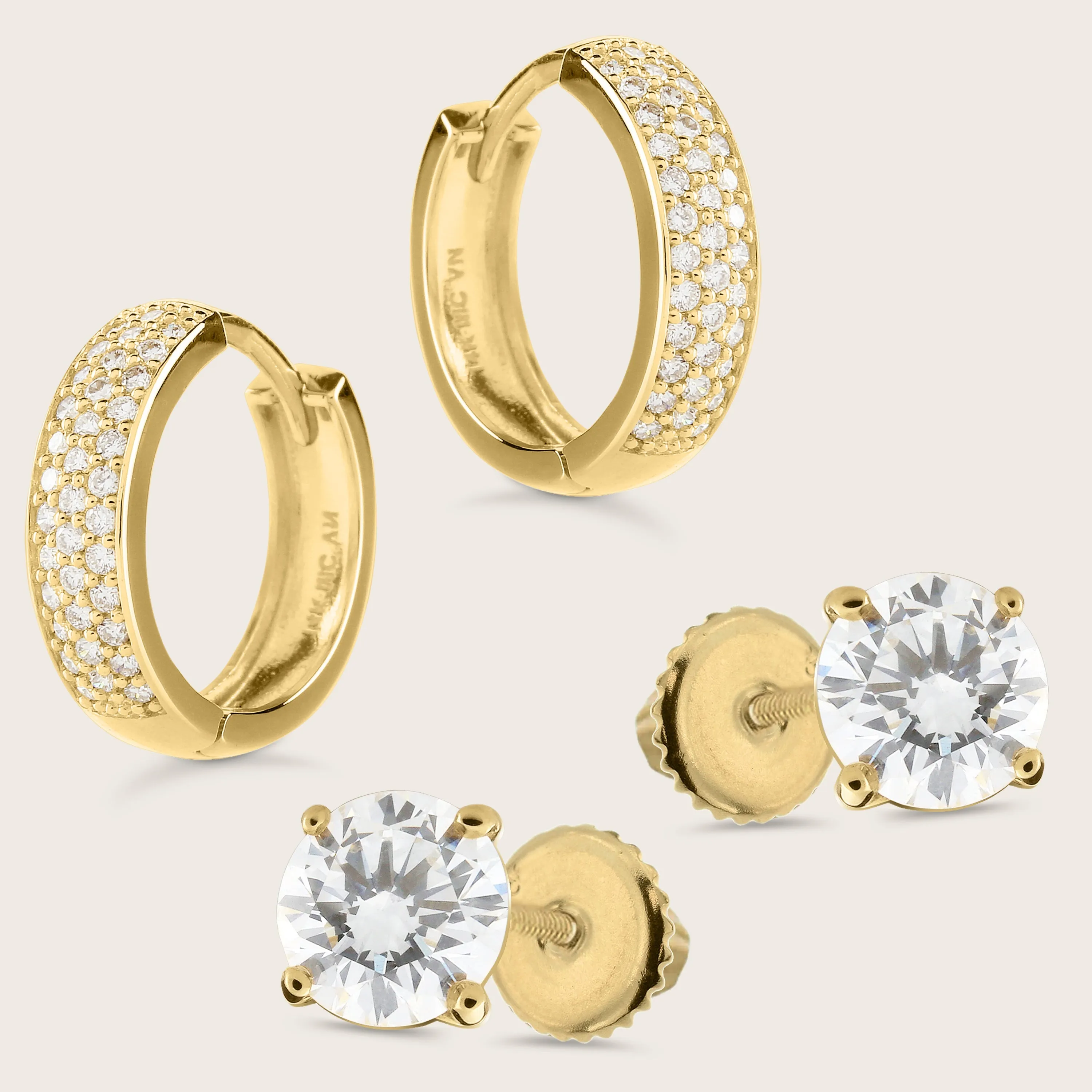 Lab Grown Diamond Pav Huggie Hoops & 1.5ct Solitaire Stud Earrings Set
