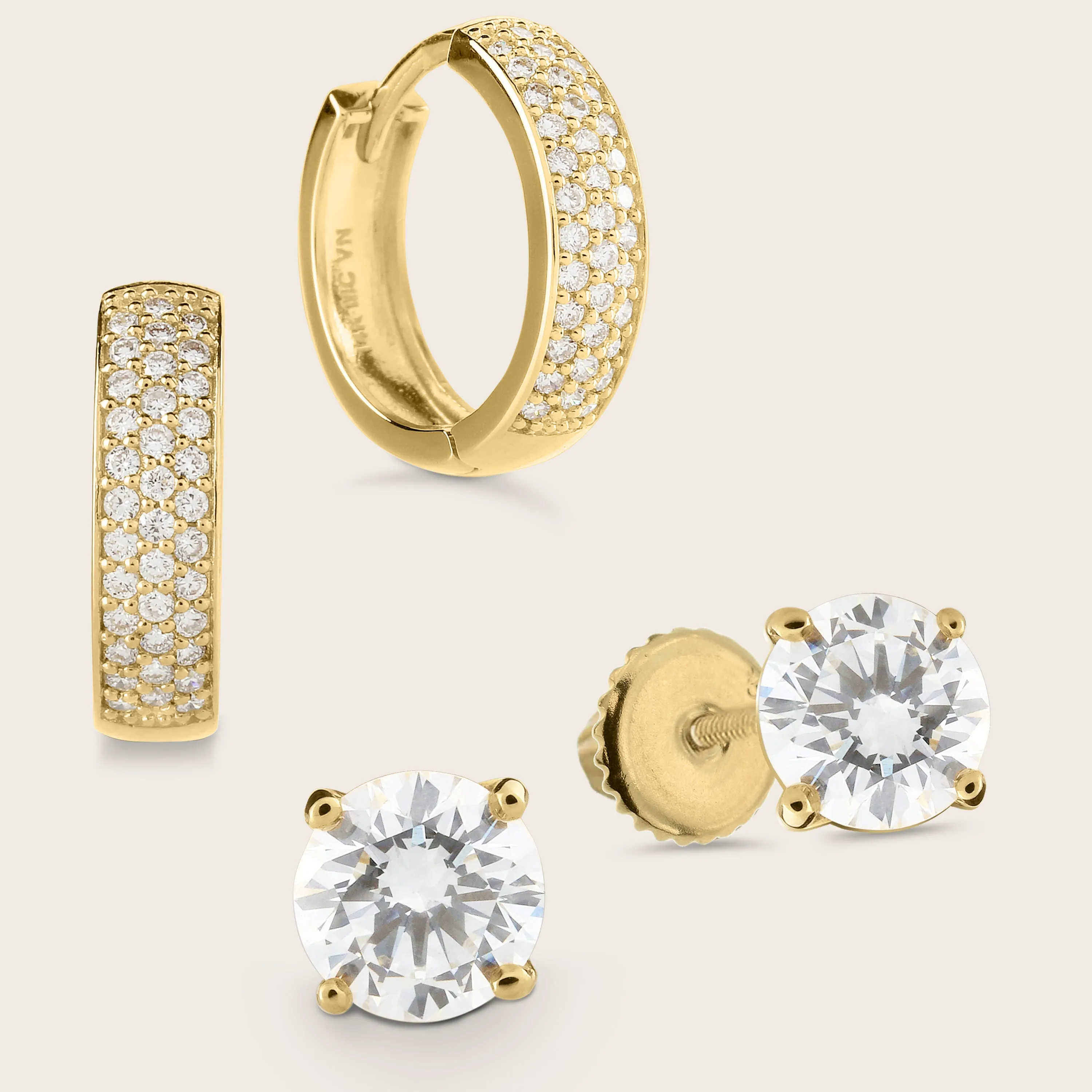 Lab Grown Diamond Pav Huggie Hoops & 1.5ct Solitaire Stud Earrings Set