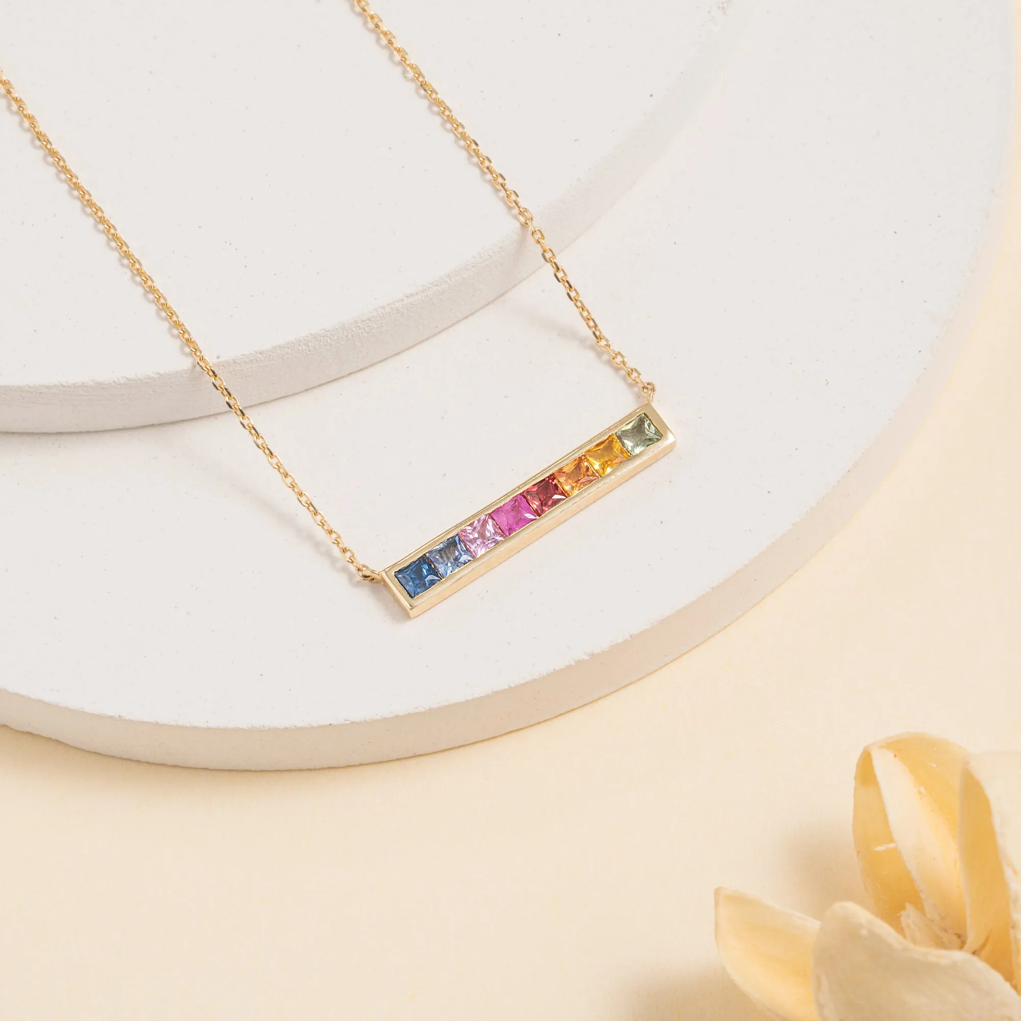 Long Rainbow Sapphire Bar Necklace, Kira SARAHELISE