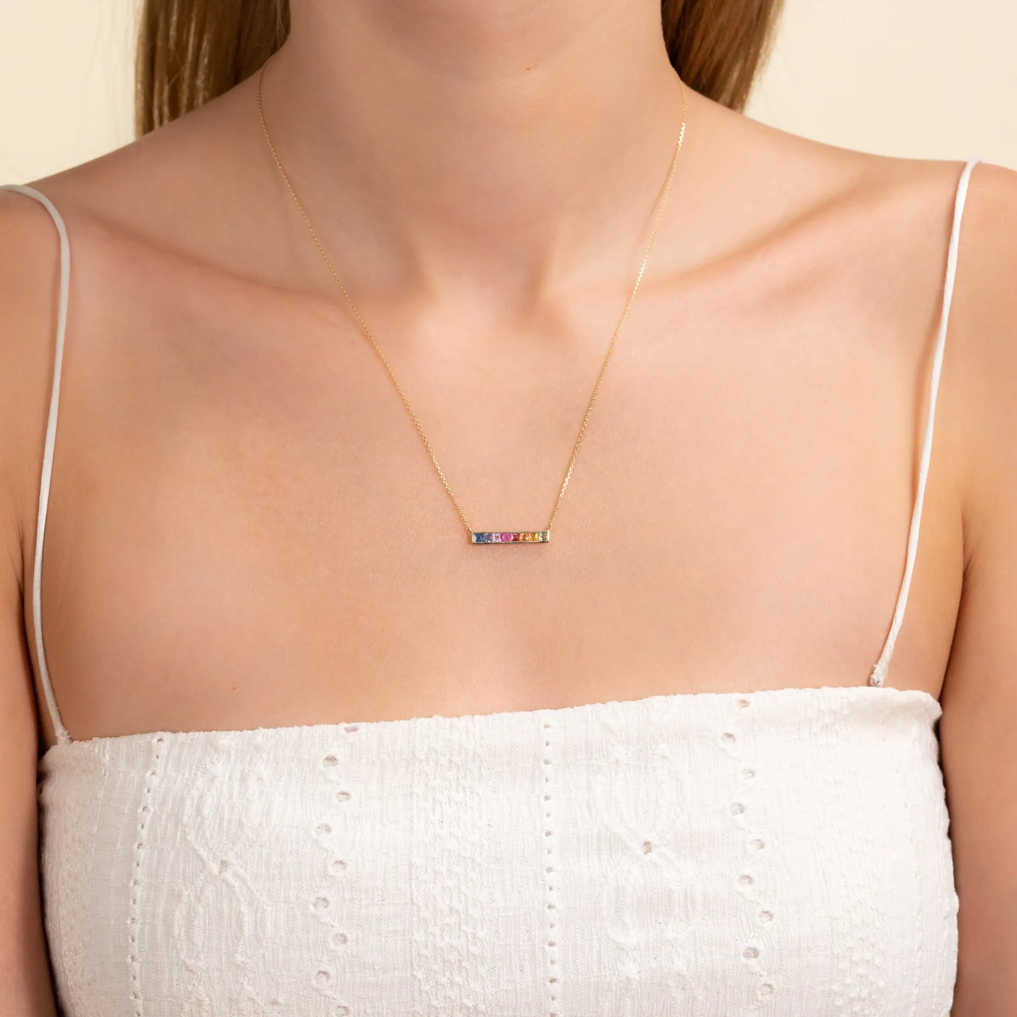 Long Rainbow Sapphire Bar Necklace, Kira SARAHELISE
