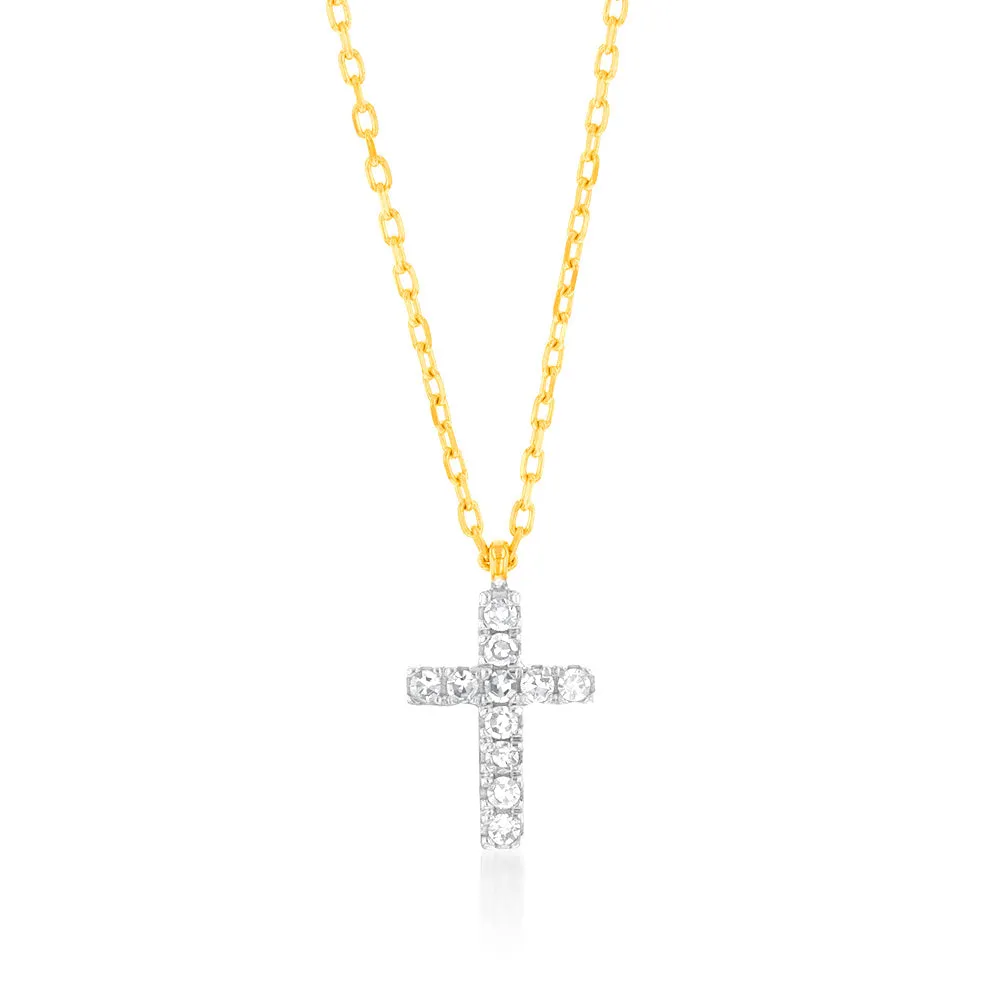 Luminesce Lab Diamond Petite Cross Pendant 9ct Yellow Gold on Adjustable 45cm Chain Shiels