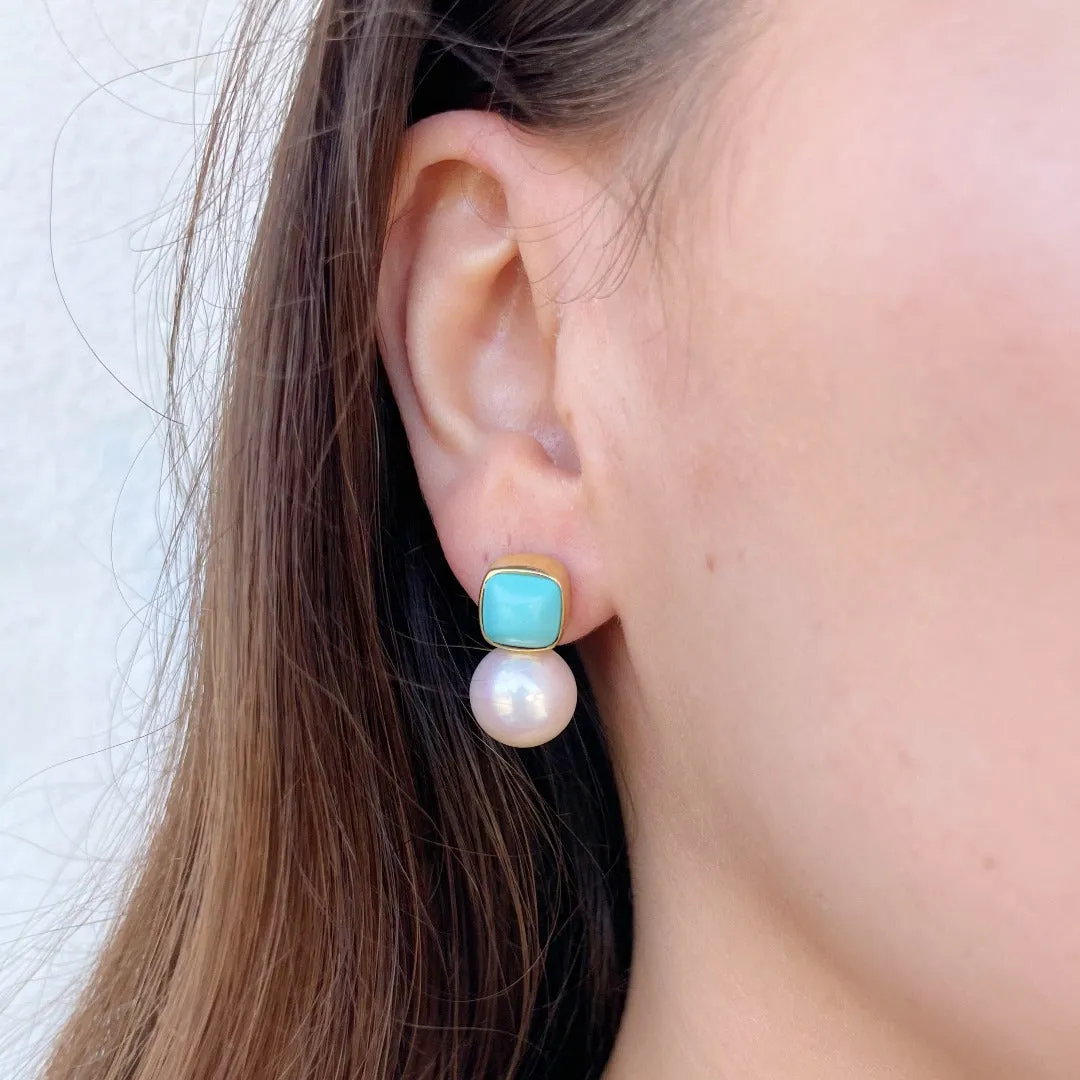 Mazza Cushion Turquoise & Pearl 14K Yellow Gold Earrings Croghans