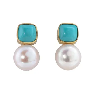 Mazza Cushion Turquoise & Pearl 14K Yellow Gold Earrings Croghans