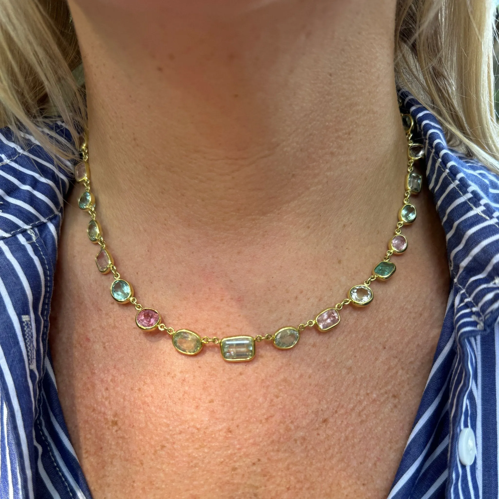 Mazza Multi-Color Pastel Tourmaline Bezel Station 18K Gold Necklace Croghans