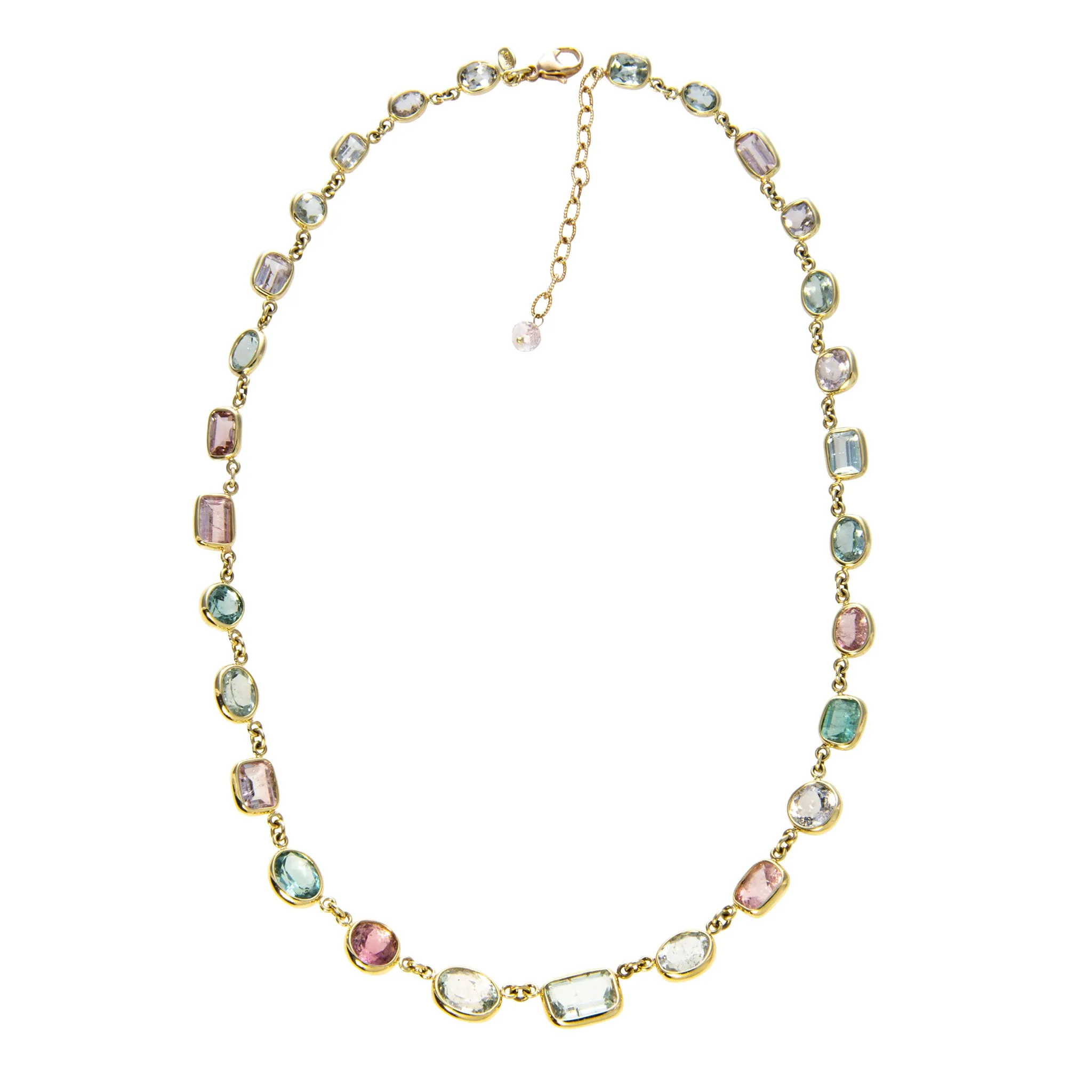 Mazza Multi-Color Pastel Tourmaline Bezel Station 18K Gold Necklace Croghans