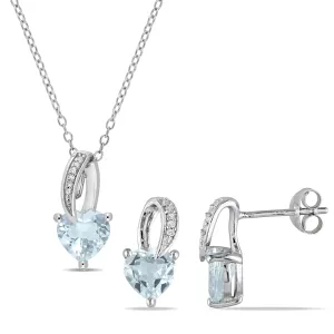 Mimi & Max 1 4/5ct TGW Heart-Cut Aquamarine Diamond Accent Necklace Stud Earrings Set Sterling Silver