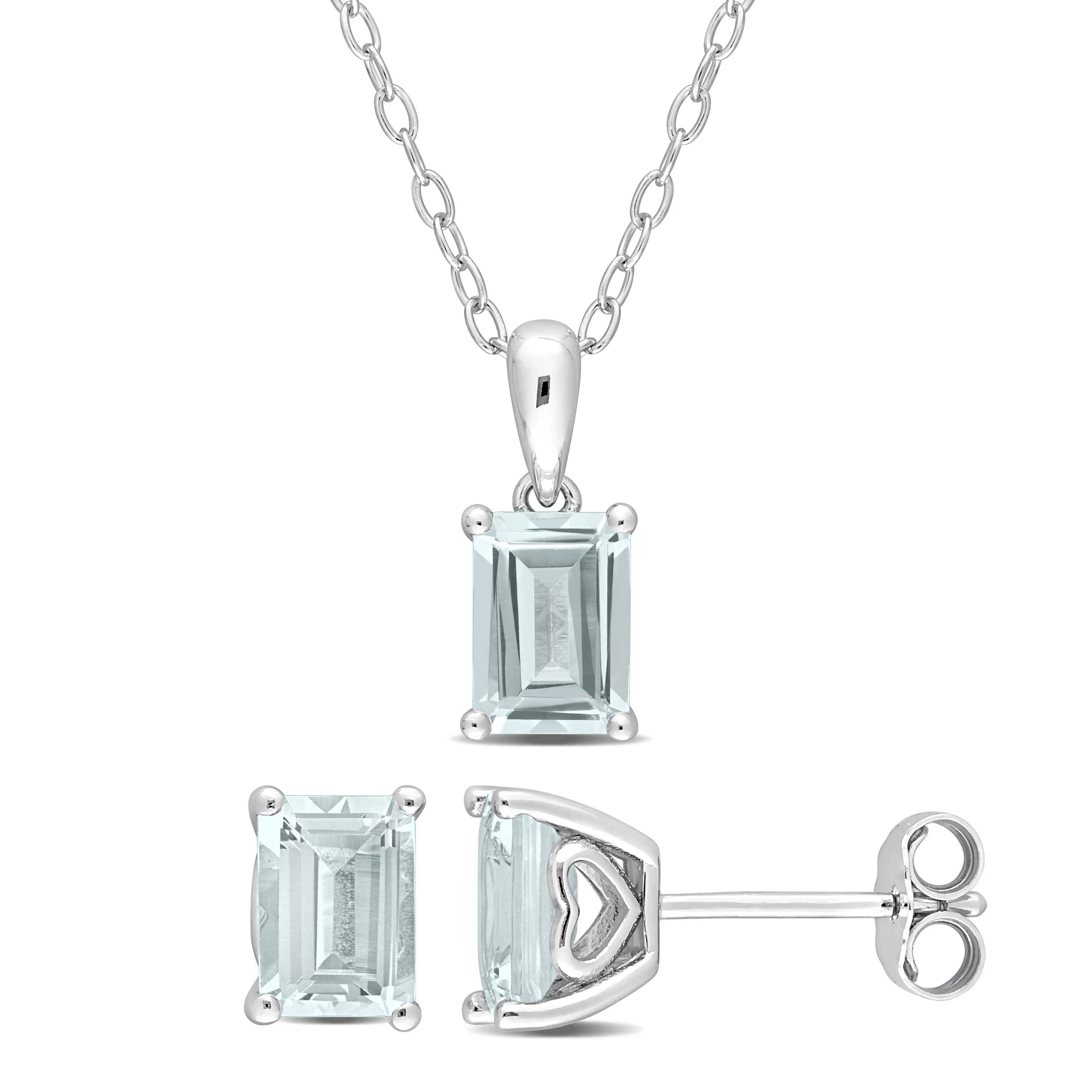 Mimi & Max 2-7/8ct TGW Emerald-Cut and Octagon Aquamarine 2-Piece Set of Pendant with Chain and Earrings in Sterling Silver