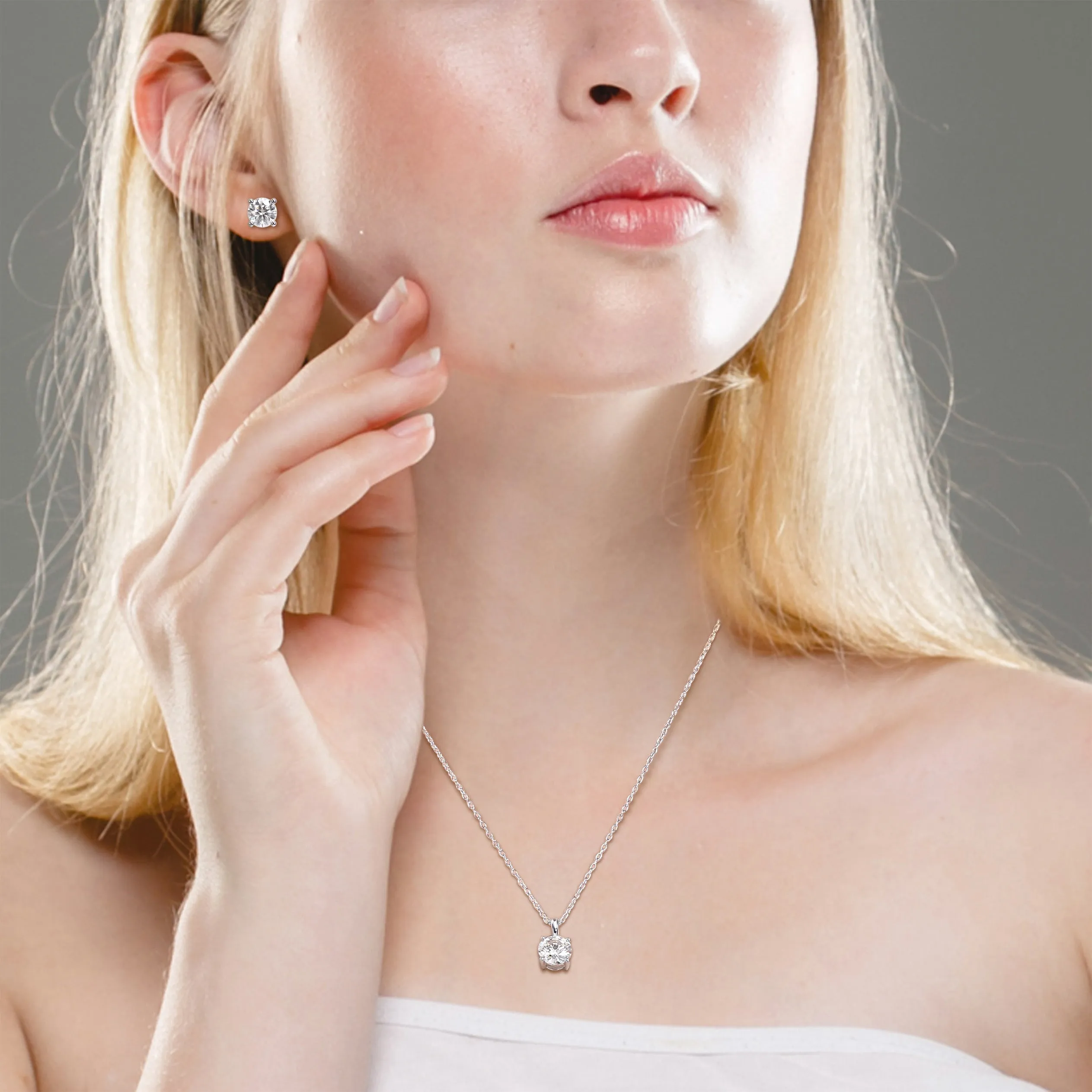 Mimi & Max 3ct DEW Created Moissanite Solitaire Necklace Stud Earrings Set Sterling Silver
