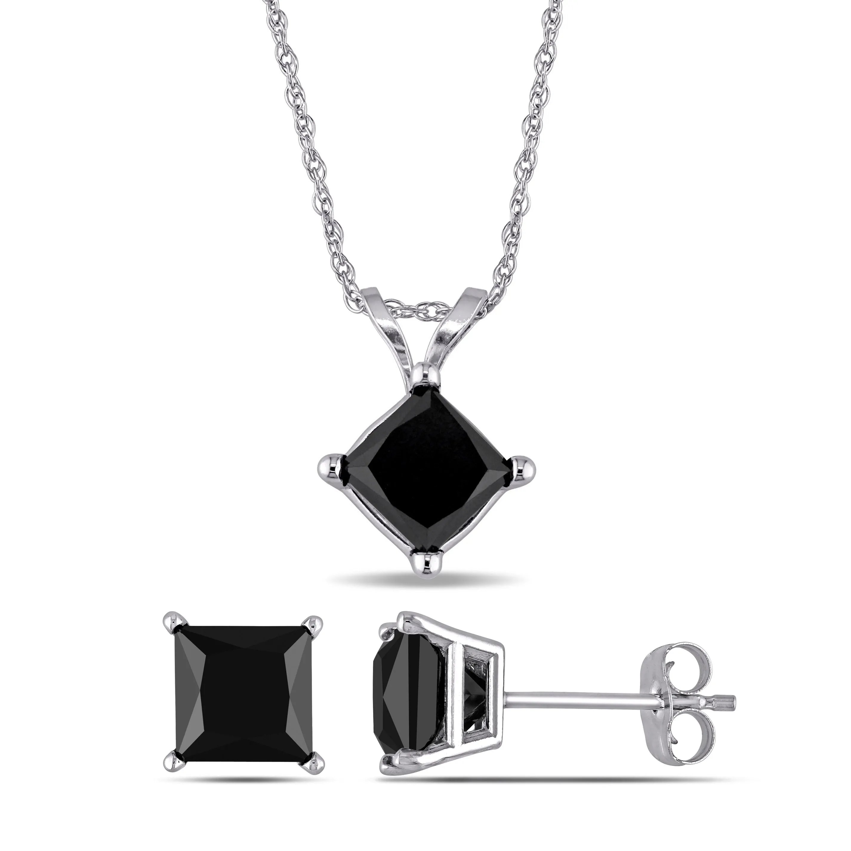 Mimi & Max 3ct TDW Princess-Cut Black Diamond Solitaire Jewelry Set 10k White Gold