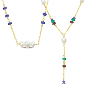 Mimi & Max 4-6.5mm Cultured Freshwater Pearl Multi-Gemstone Necklace Set Yellow Plated Sterling Silver