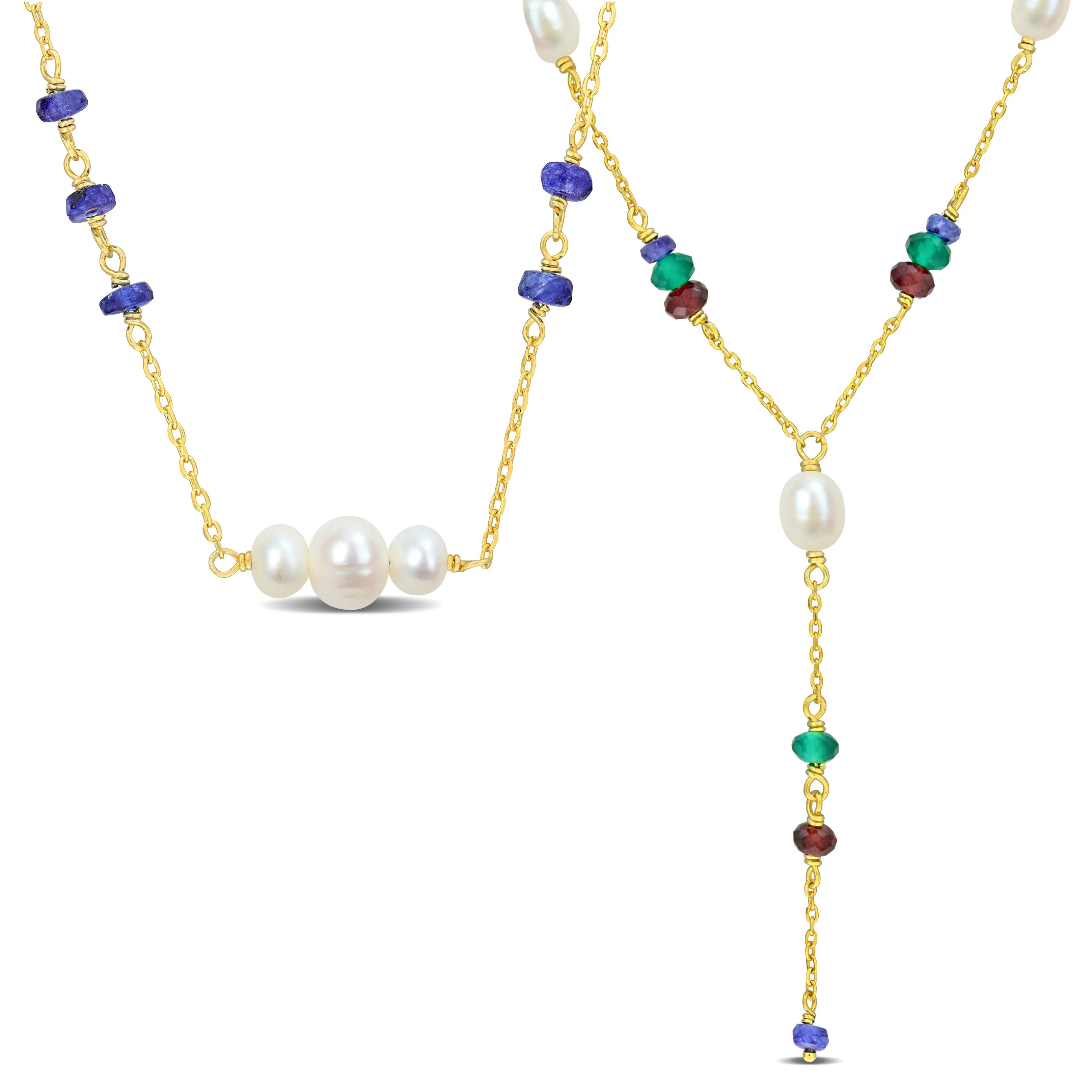 Mimi & Max 4-6.5mm Cultured Freshwater Pearl Multi-Gemstone Necklace Set Yellow Plated Sterling Silver