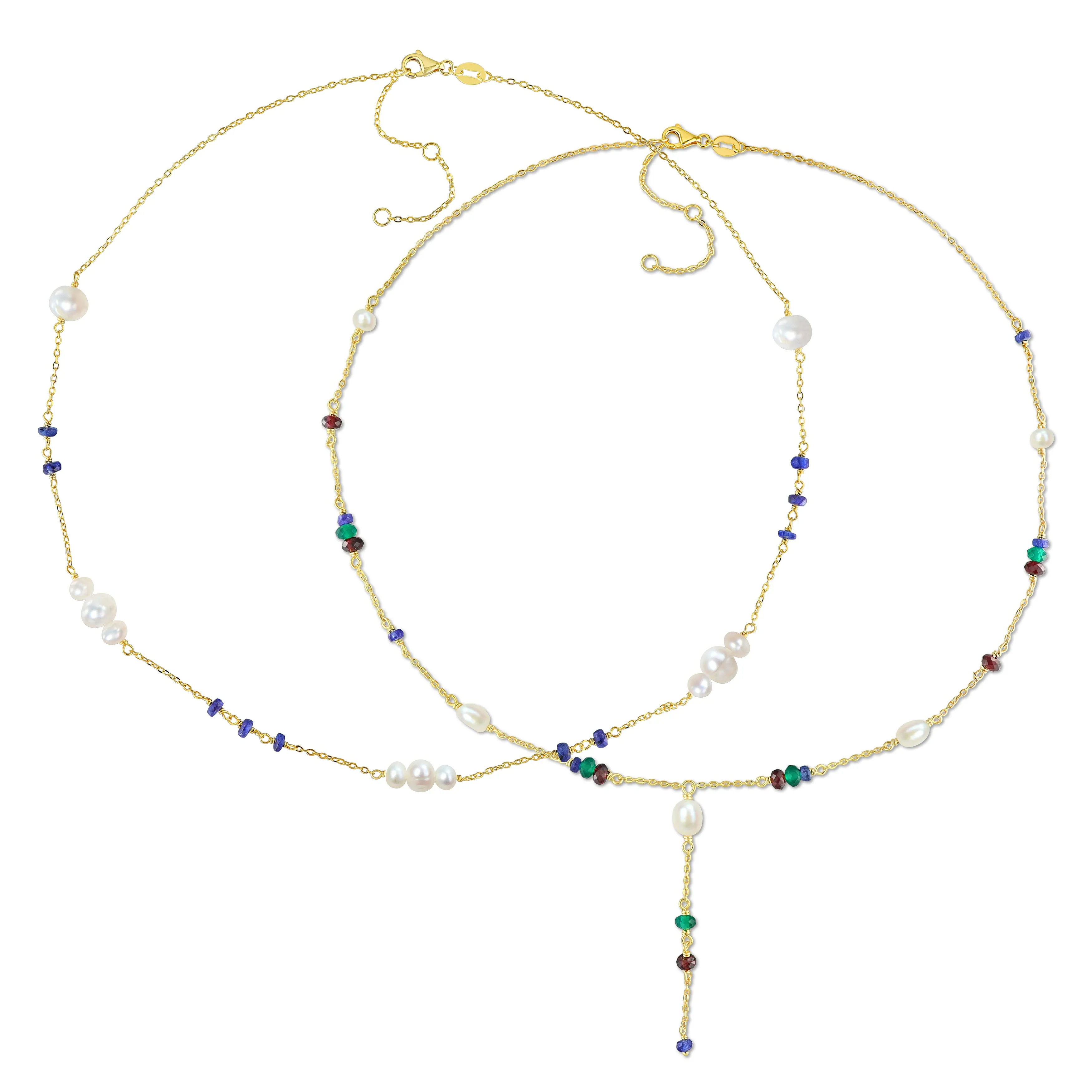 Mimi & Max 4-6.5mm Cultured Freshwater Pearl Multi-Gemstone Necklace Set Yellow Plated Sterling Silver