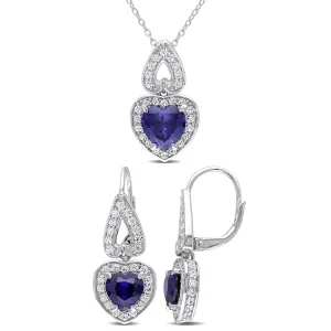 Mimi & Max 8-5/8ct TGW Created Blue White Sapphire 2-Piece Halo Heart Jewelry Set Sterling Silver