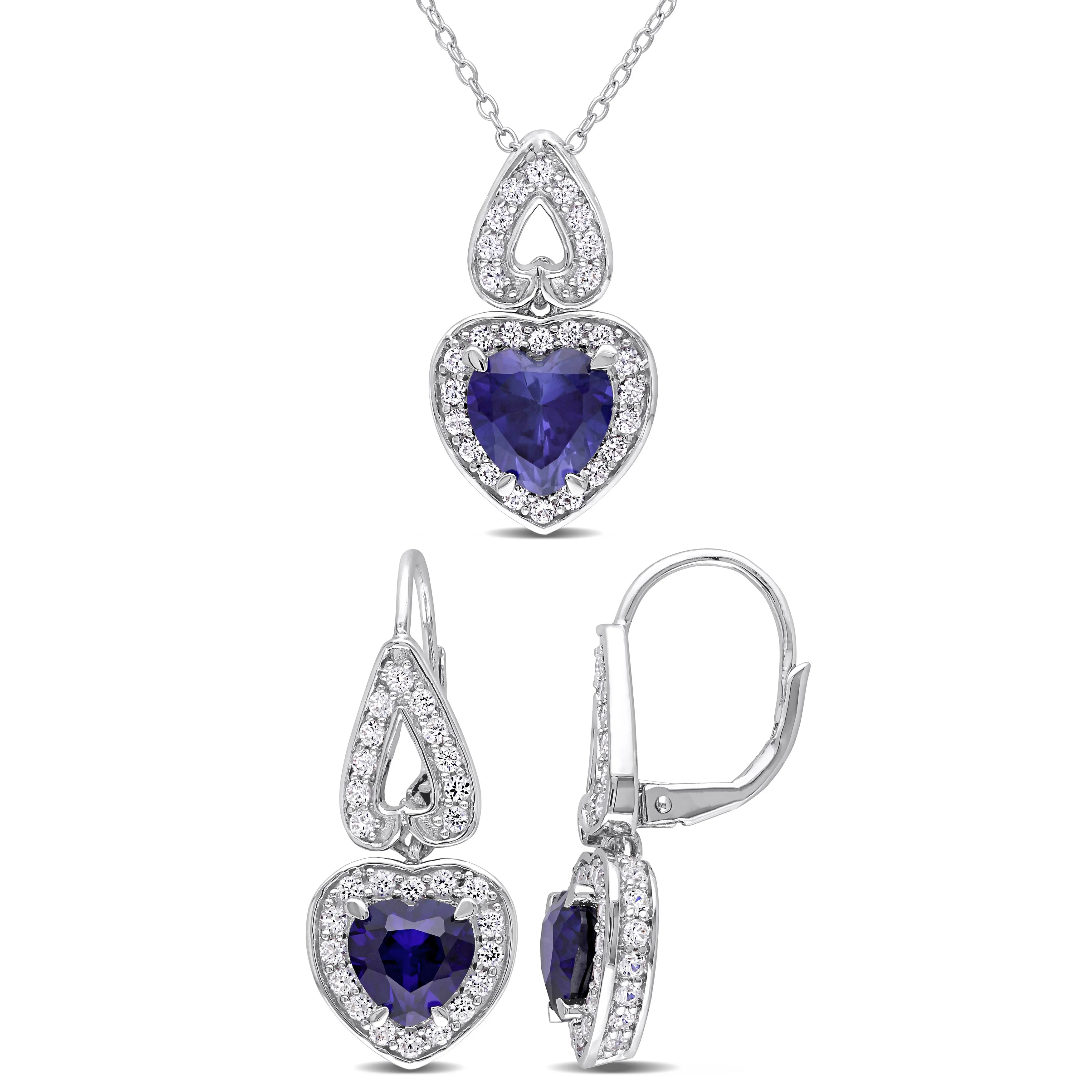 Mimi & Max 8-5/8ct TGW Created Blue White Sapphire 2-Piece Halo Heart Jewelry Set Sterling Silver