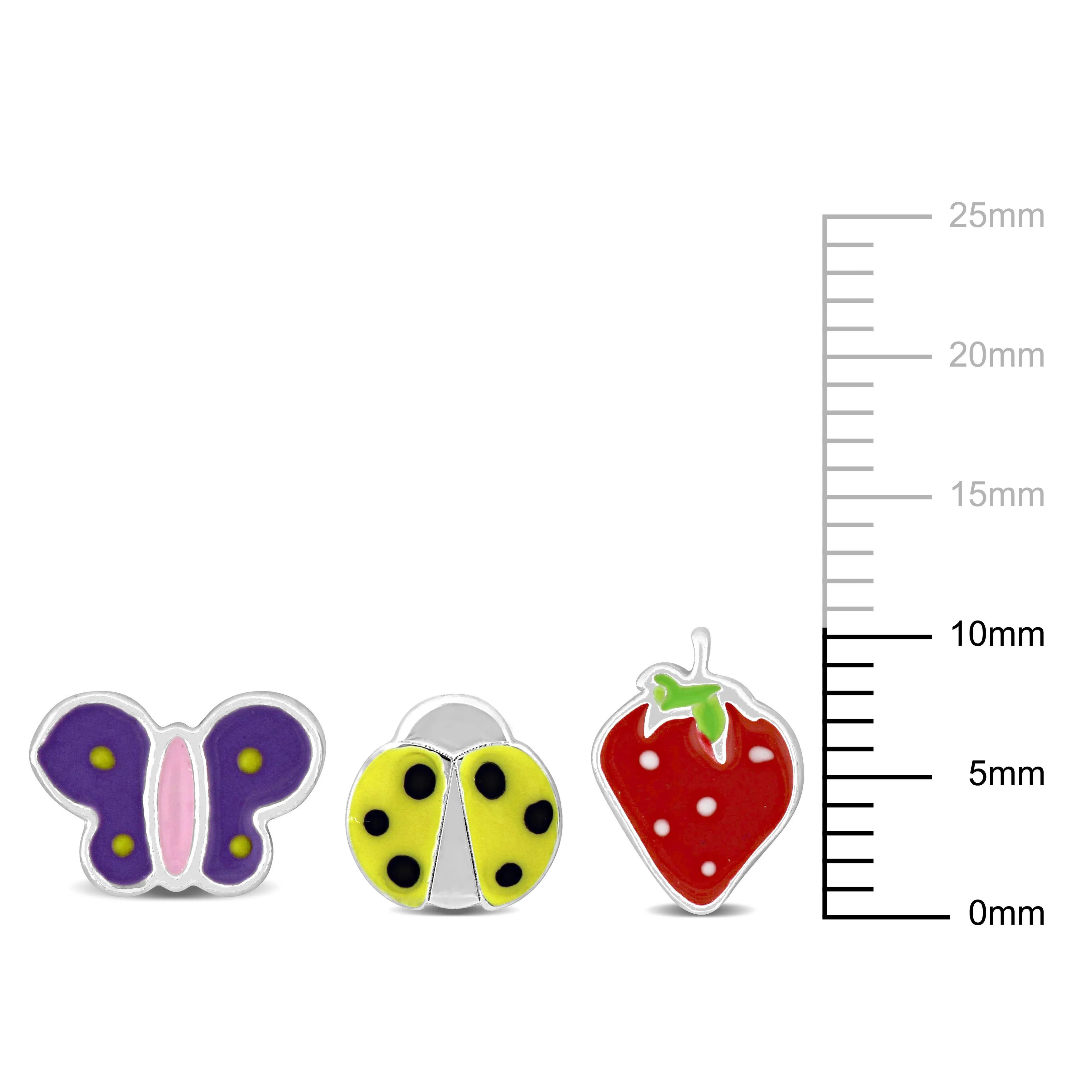 Mimi & Max Children's Butterfly Ladybug Strawberry Enamel Stud Earrings 3-Piece Set