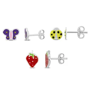 Mimi & Max Children's Butterfly Ladybug Strawberry Enamel Stud Earrings 3-Piece Set