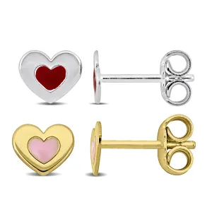 Mimi & Max Children's Heart Enamel Stud Earrings 2-Piece Set Two-Tone White Yellow Plated Sterling Silver