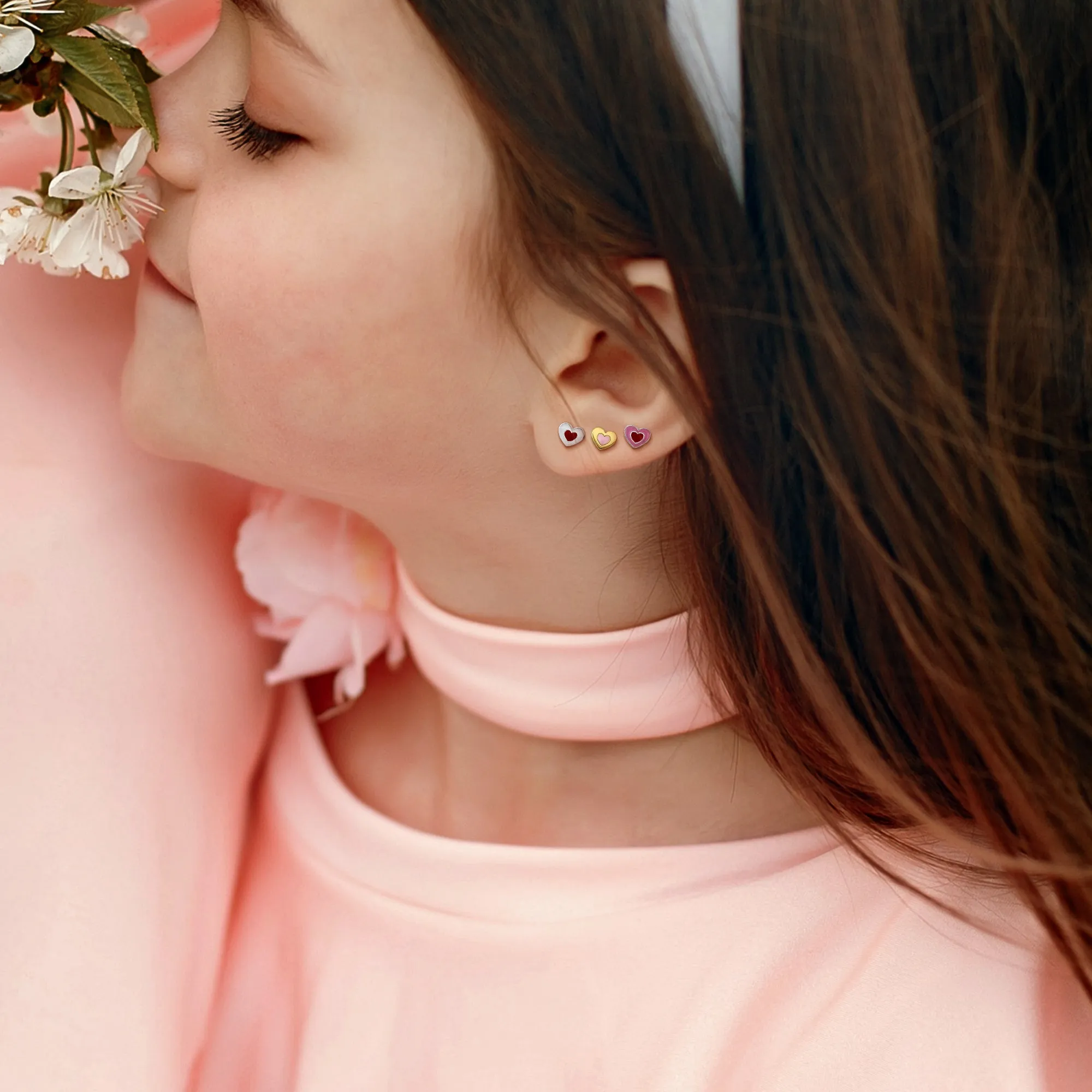 Mimi & Max Children's Heart Enamel Stud Earrings 3-Piece Set White Yellow Plated Sterling Silver