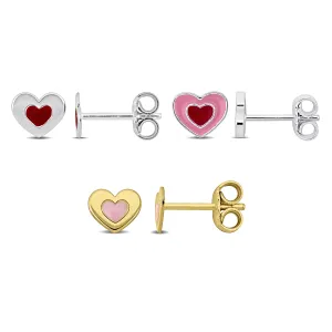 Mimi & Max Children's Heart Enamel Stud Earrings 3-Piece Set White Yellow Plated Sterling Silver