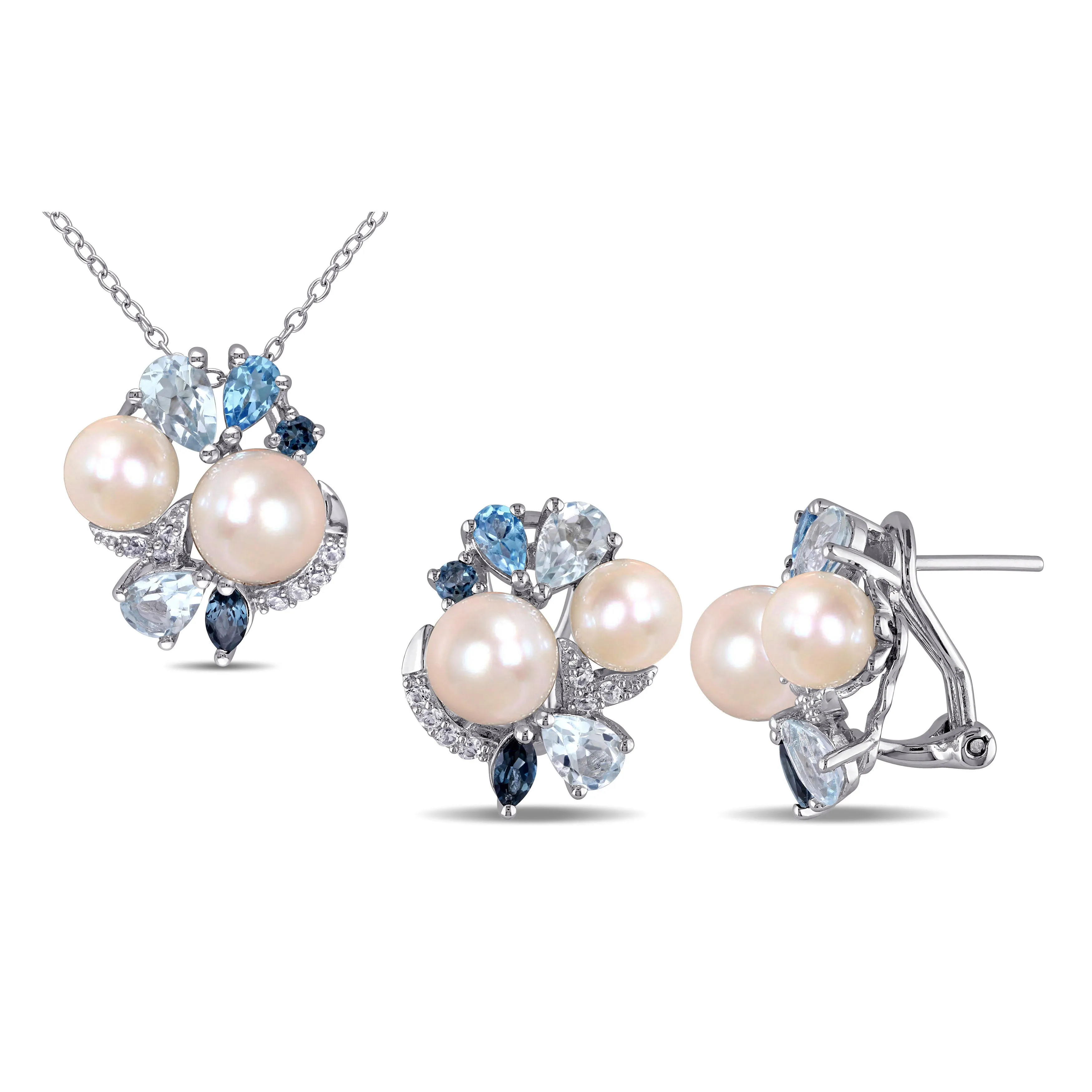 Mimi & Max Cultured Freshwater Pearl 4 7/8ct TGW Created White Sapphire Blue Topaz Jewelry Set Sterling Silver