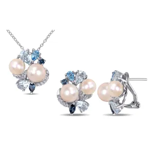 Mimi & Max Cultured Freshwater Pearl 4 7/8ct TGW Created White Sapphire Blue Topaz Jewelry Set Sterling Silver