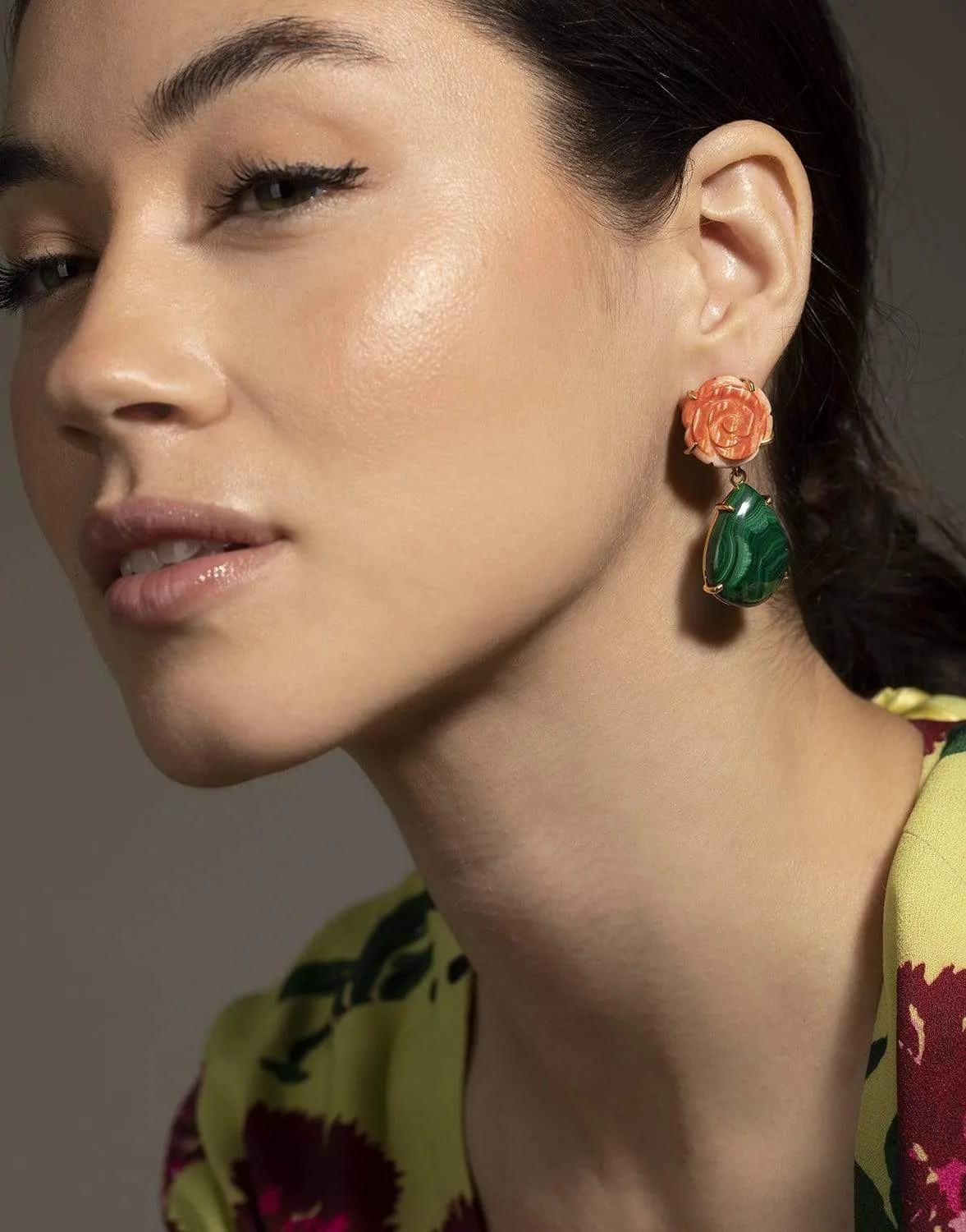 Orange Sea Shell Flower & Malachite Earrings