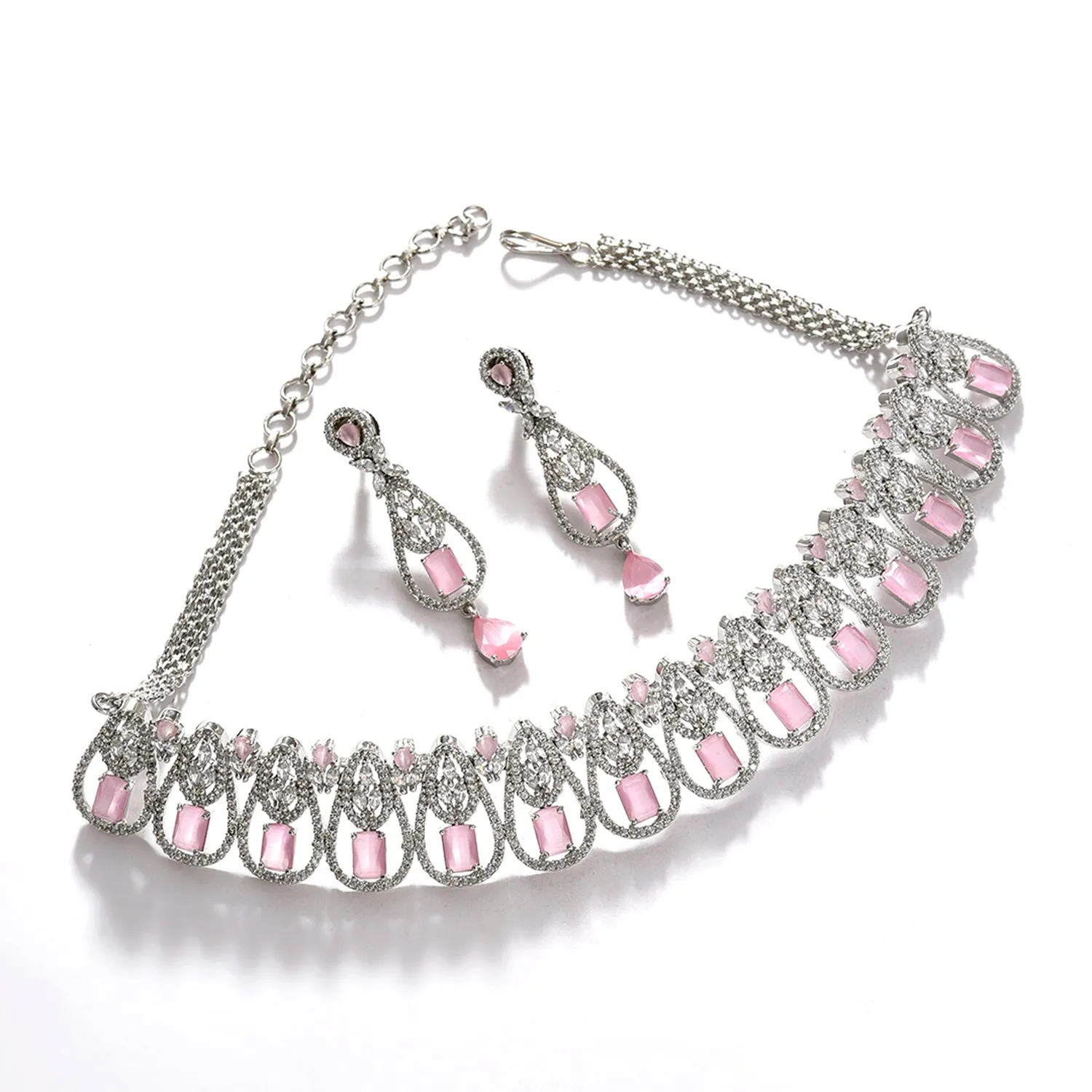 Pink Color Silver Plated Designer Stone Necklace Set For Women's