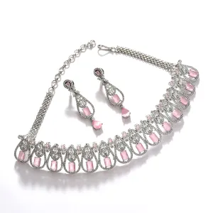 Pink Color Silver Plated Designer Stone Necklace Set For Women's