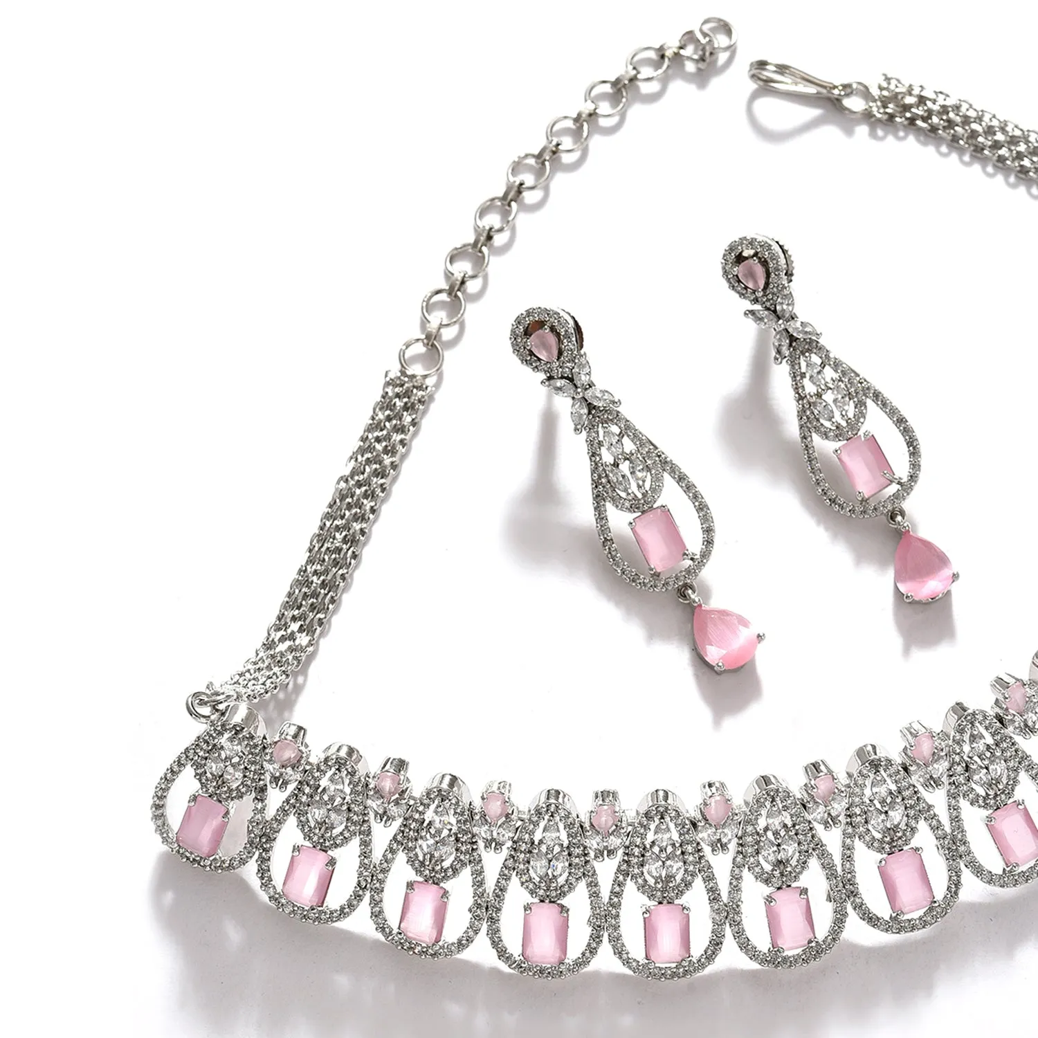 Pink Color Silver Plated Designer Stone Necklace Set For Women's